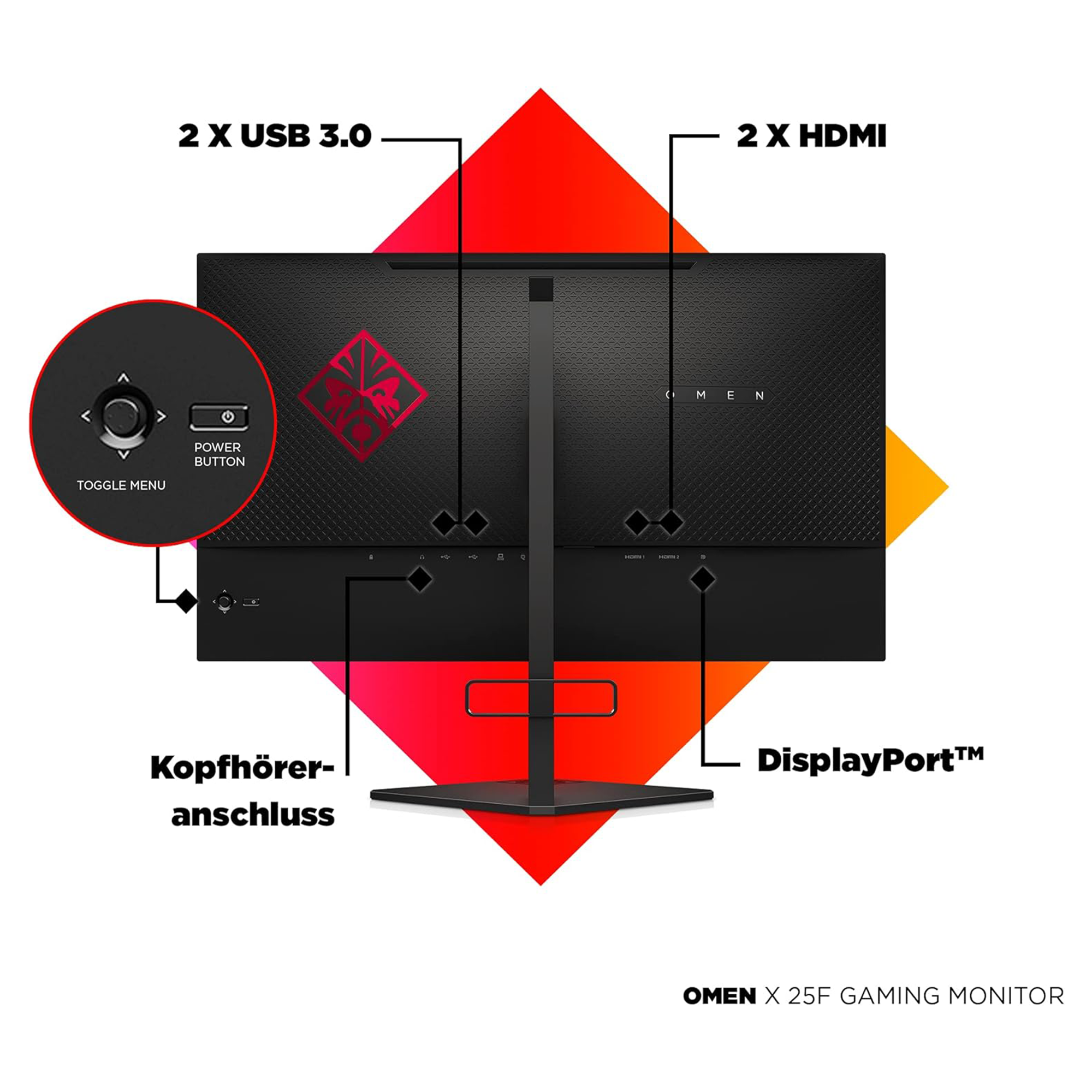 HP OMEN X 27 Gaming Monitor - 27 Zoll Bildschirm, QHD Display, HDR, 240Hz, AMD FreeSync, HDMI, DisplayPort, 2xUSB, 1ms Reaktionszeit, höhenverstellbar, schwarz