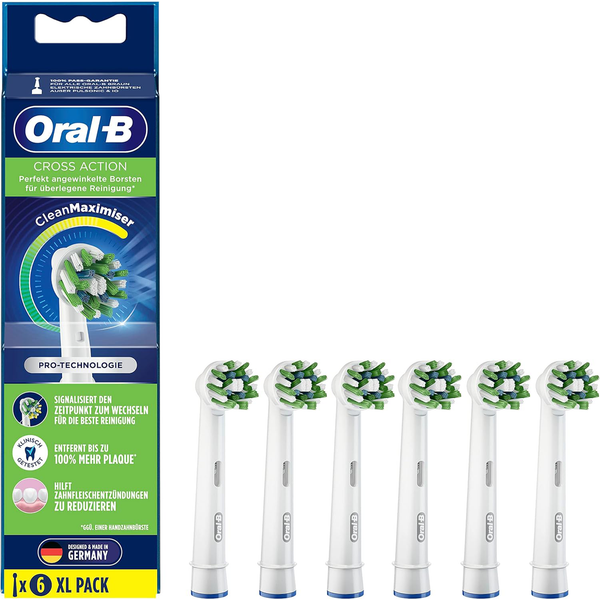 Oral-B CrossAction Aufsteckbürsten für elektrische Zahnbürste, 6 Stück, ganzheitliche Mundreinigung mit CleanMaximiser-Borsten, Zahnbürstenaufsatz für Oral-B Zahnbürsten