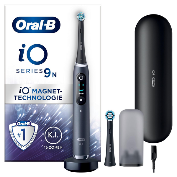 Oral-B iO Series 9 Elektrische Zahnbürste/Electric Toothbrush, 2 Aufsteckbürsten, 7 Putzmodi, Magnet-Technologie, Farbdisplay, Lade-Reiseetui, Geschenk Mann/Frau, black onyx