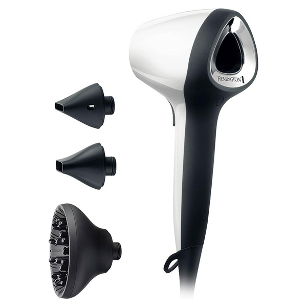 Remington ion hair dryer Air3D D7779, innovative design, ceramic grill, two styling nozzles, diffuser, white / black