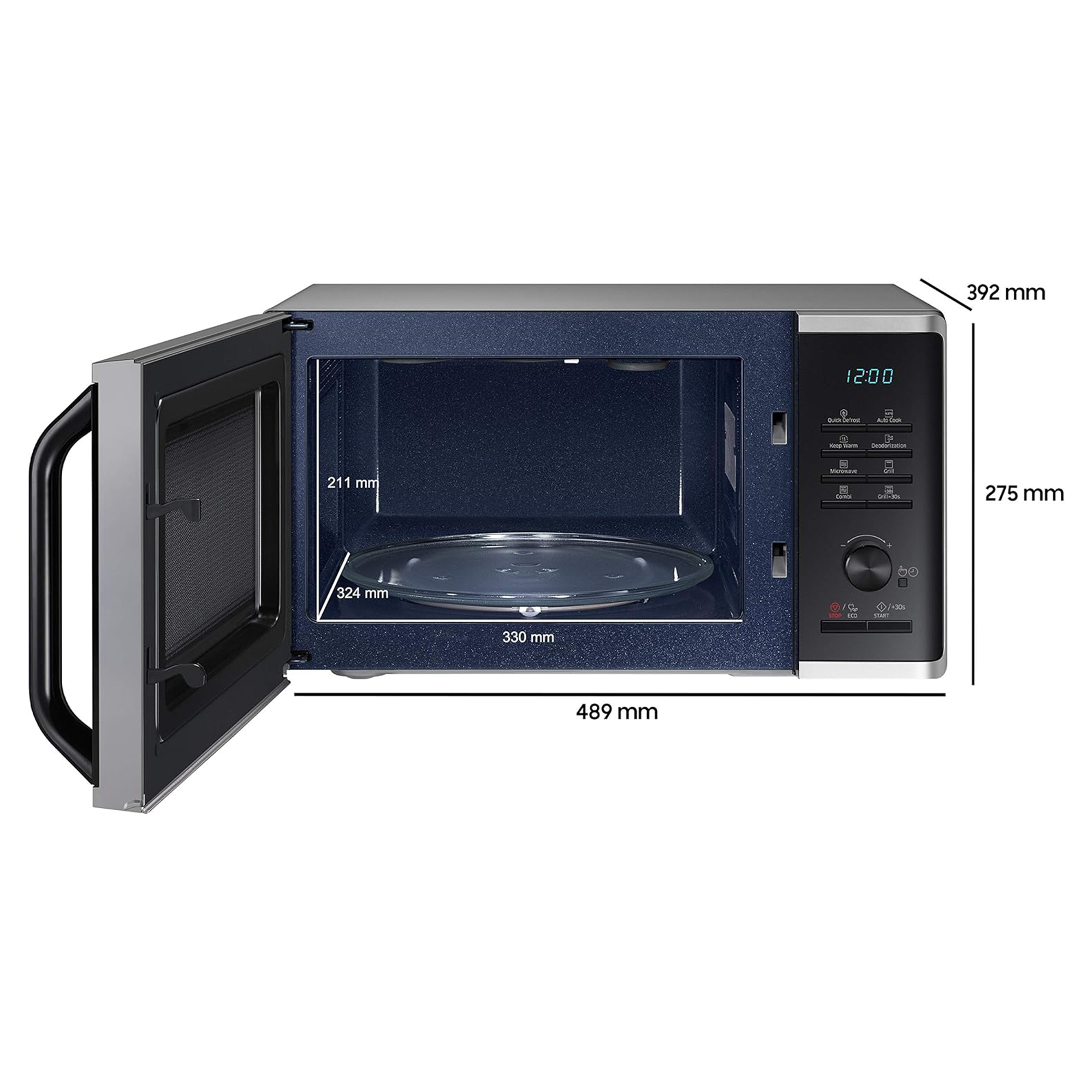 Samsung MG23K3515AS/EG Mikrowelle mit Grill / 800 W / 23 L Garraum / 48,9 cm Breite / Quick Defrost / 27 Automatikprogramme / silber
