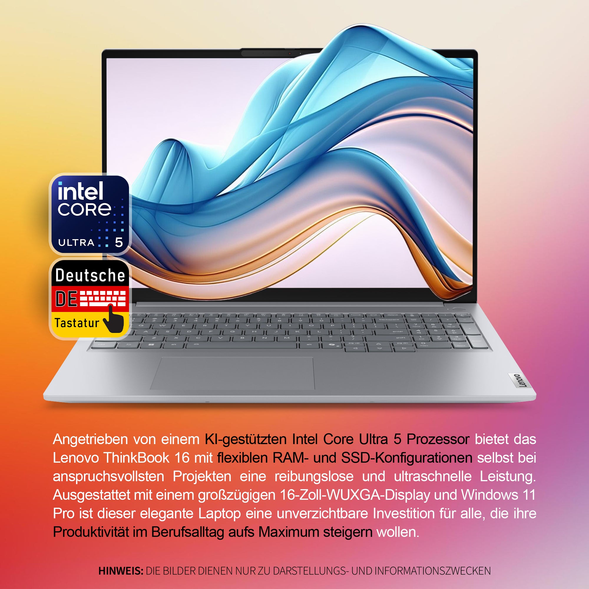 Lenovo ThinBook 16 Gen 8 Laptop, Intel Core Ultra 5 225U, 32 GB DDR5 RAM, 1 TB PCIe SSD, 16" WUXGA IPS Display, Deutsches Tastatur-Layout, W11 Pro, Arctic Grau