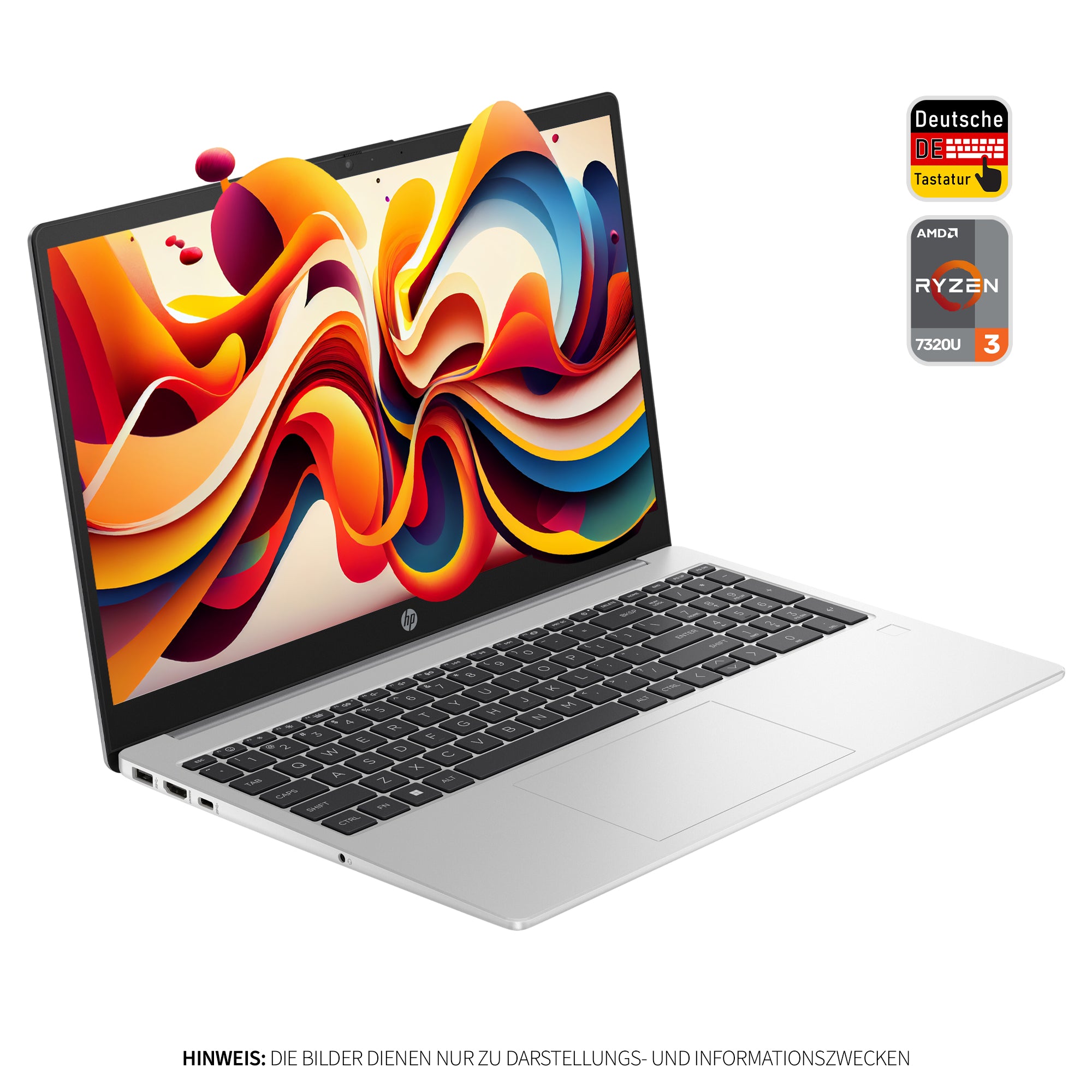 HP 255 G10 Business Laptop, AMD Ryzen™ 3 7320U, 15.6" Full HD (1920x1080), AMD Radeon 610M, Wi-Fi 6, Deutsches Tastatur Layout, Windows 11 Home, Silber