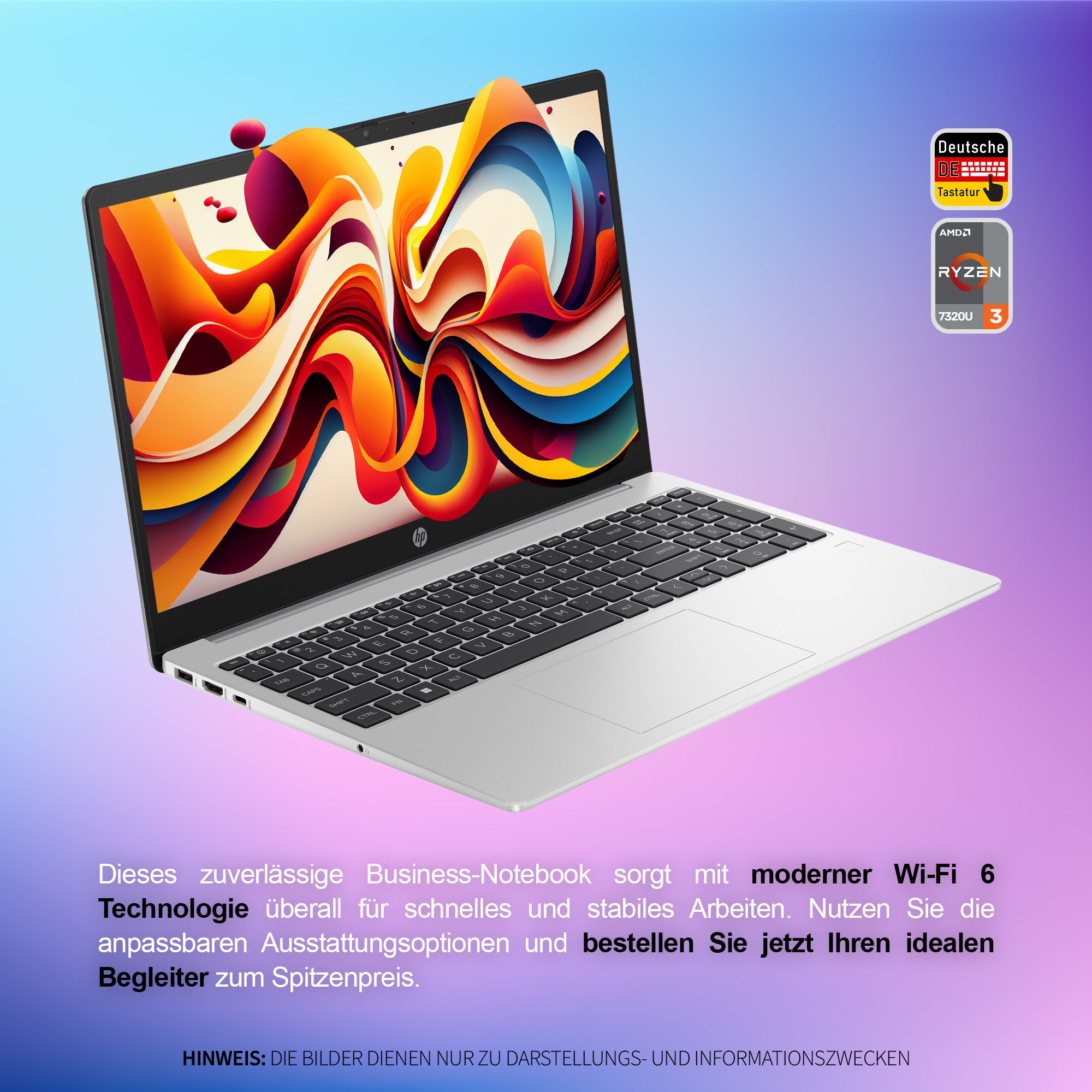 HP 255 G10 Business Laptop, AMD Ryzen™ 3 7320U, 15.6" Full HD (1920x1080), AMD Radeon 610M, Wi-Fi 6, Deutsches Tastatur Layout, Windows 11 Home, Silber