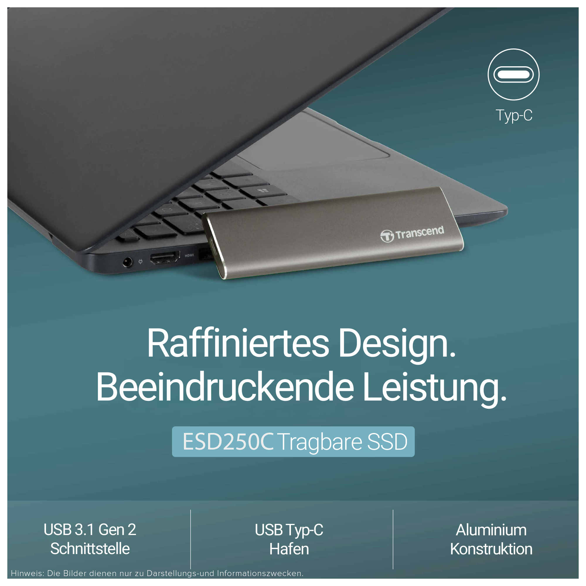 Transcend 960 GB USB 3.1 Gen 2 USB Type C ESD250C Portable SSD Solid S