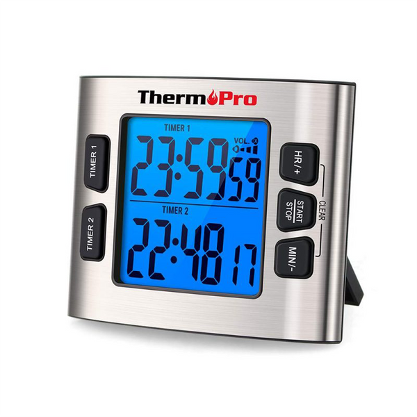 ThermoPro TM02 Digitaler Küchentimer mit Dual-Countdown-Stoppuhr, magnetischer Timer mit verstellbarem lautem Alarm und Hintergrundbeleuchtung