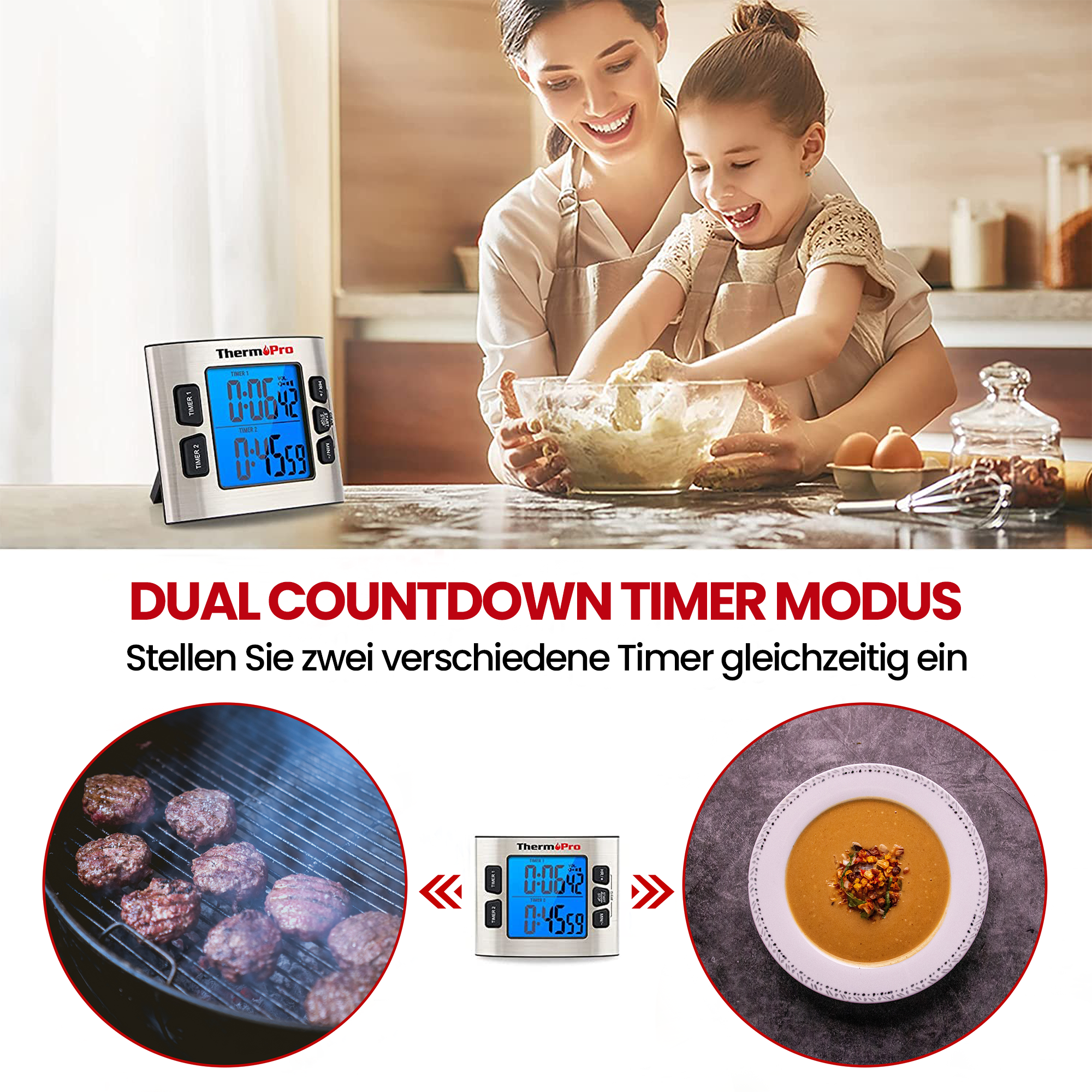 ThermoPro TM02 Digitaler Küchentimer mit Dual-Countdown-Stoppuhr, magnetischer Timer mit verstellbarem lautem Alarm und Hintergrundbeleuchtung