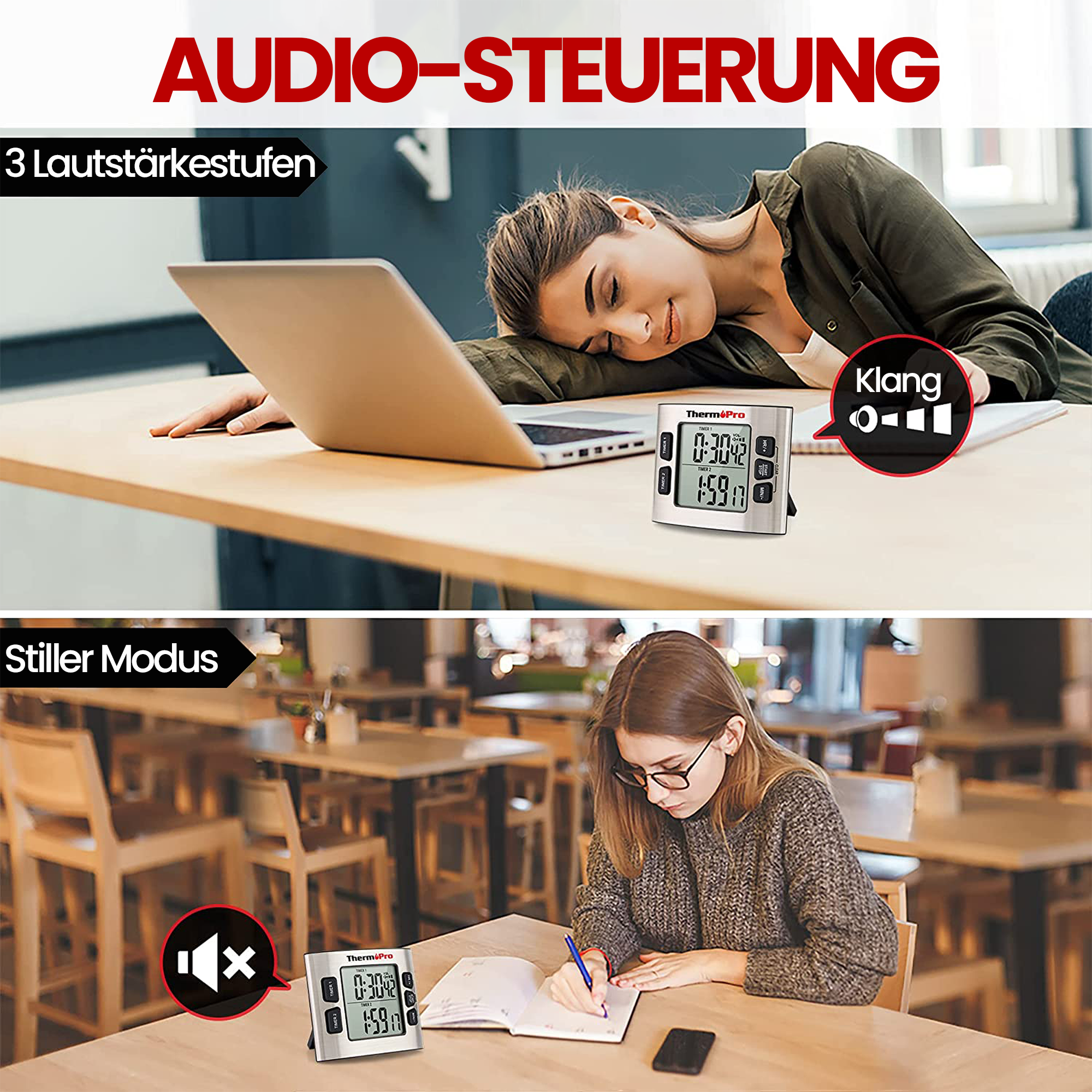 ThermoPro TM02 Digitaler Küchentimer mit Dual-Countdown-Stoppuhr, magnetischer Timer mit verstellbarem lautem Alarm und Hintergrundbeleuchtung