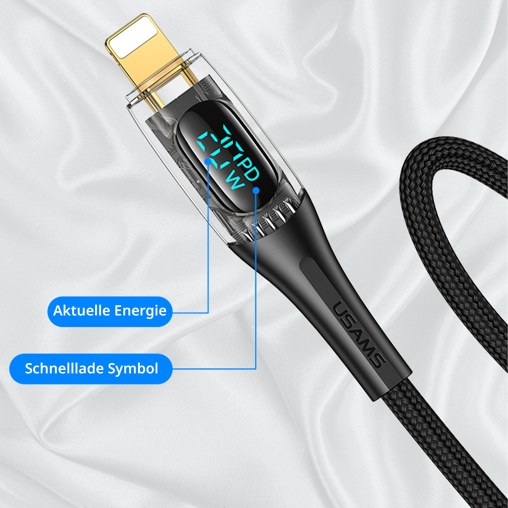 Usams TypeC to Lightning US-SJ588, Digital Display Charge Power, E-marker Smart Chip, Braided, 1.2m PD 20W Type-C, Lightning Fast Charge and Data Cable
