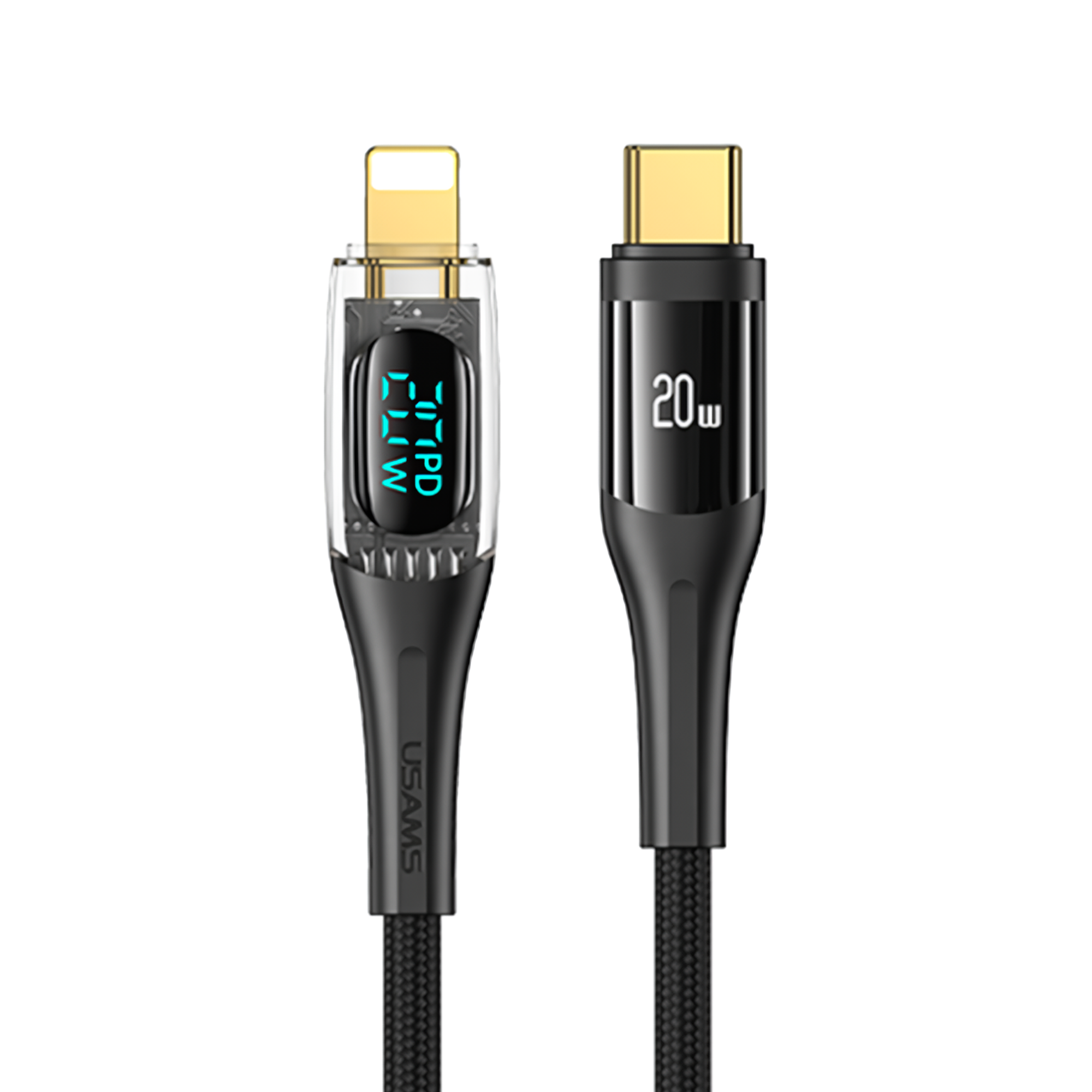 Usams TypeC to Lightning US-SJ588, Digital Display Charge Power, E-marker Smart Chip, Braided, 1.2m PD 20W Type-C, Lightning Fast Charge and Data Cable