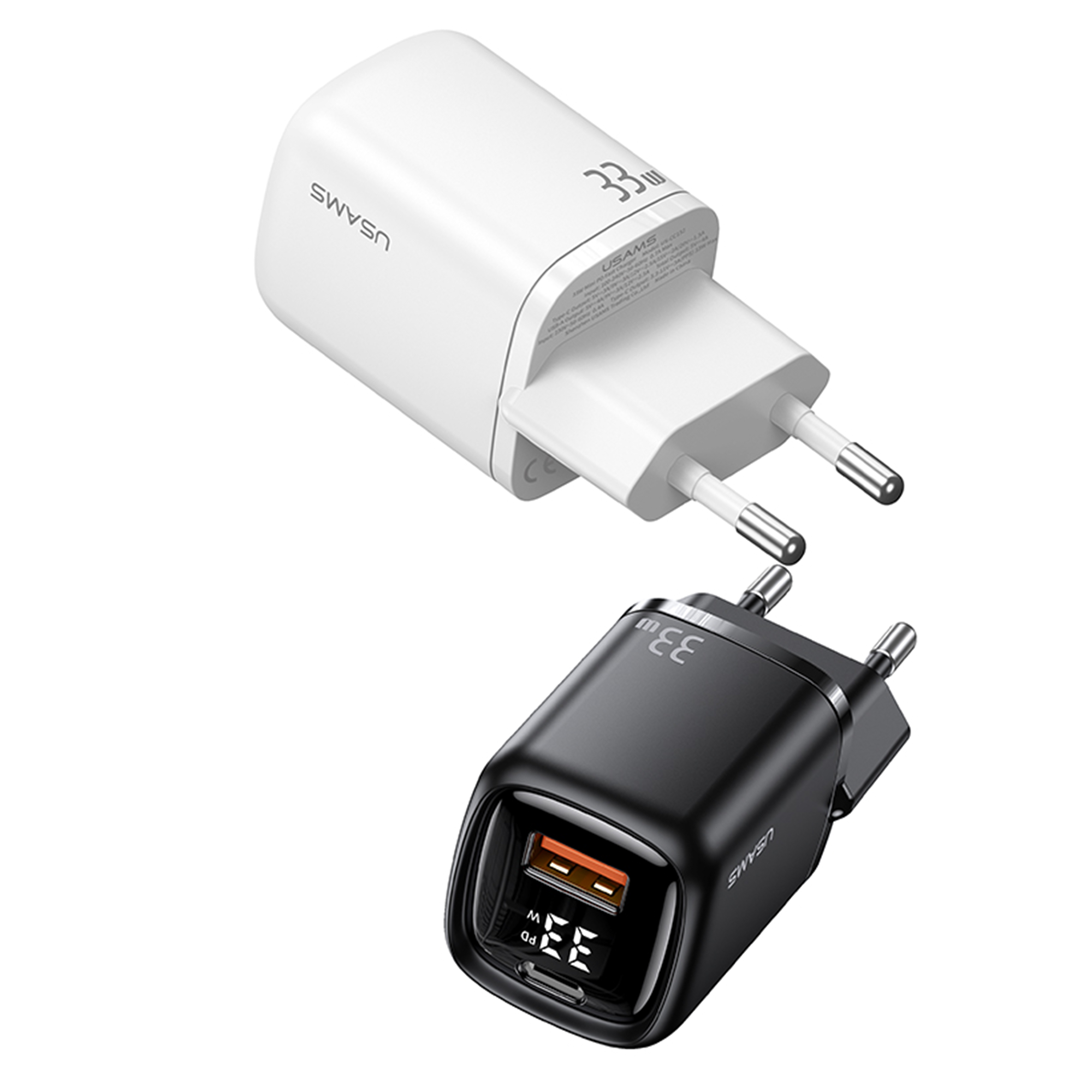 USAMS 33W PD QC Ladeadapter,Typ C+Typ A Ausgang, Digitalanzeige, Schnellladeunterstützung – Europäischer Stecker - CC152 T46