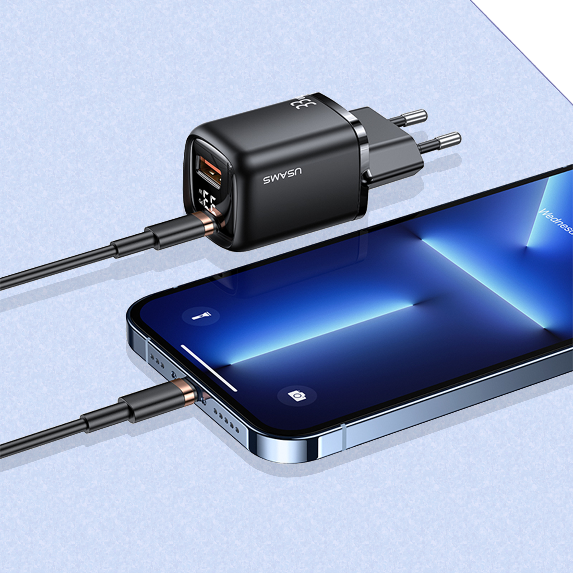 USAMS 33W PD QC Ladeadapter,Typ C+Typ A Ausgang, Digitalanzeige, Schnellladeunterstützung – Europäischer Stecker - CC152 T46