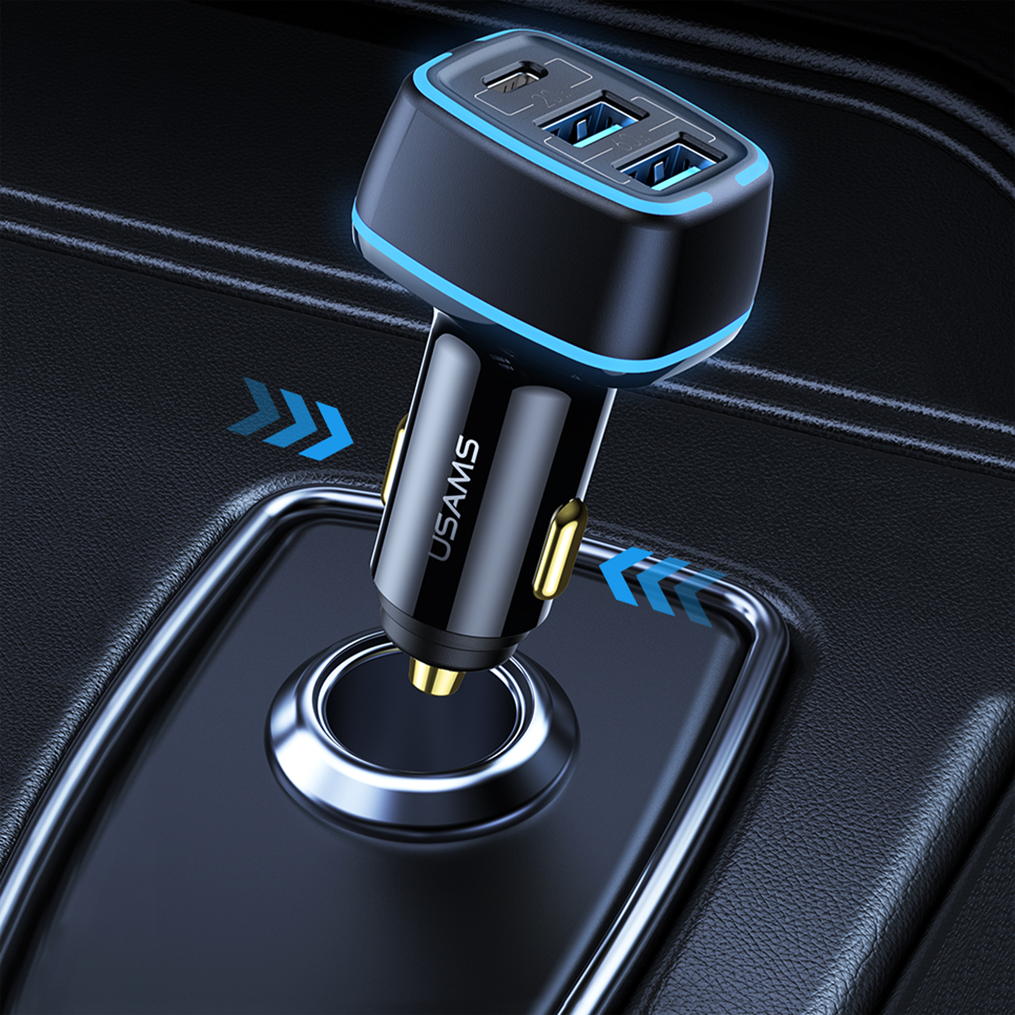 USAMS 3-Port-USB-Auto-Schnellladegerät 1 TypeC 2 USB-Anschlüsse 80 W/4,5 A, 20W PD 60W Dual QC3.0 Autoladegerät Zigarettenanzünder-Adapter 12 V  80W
