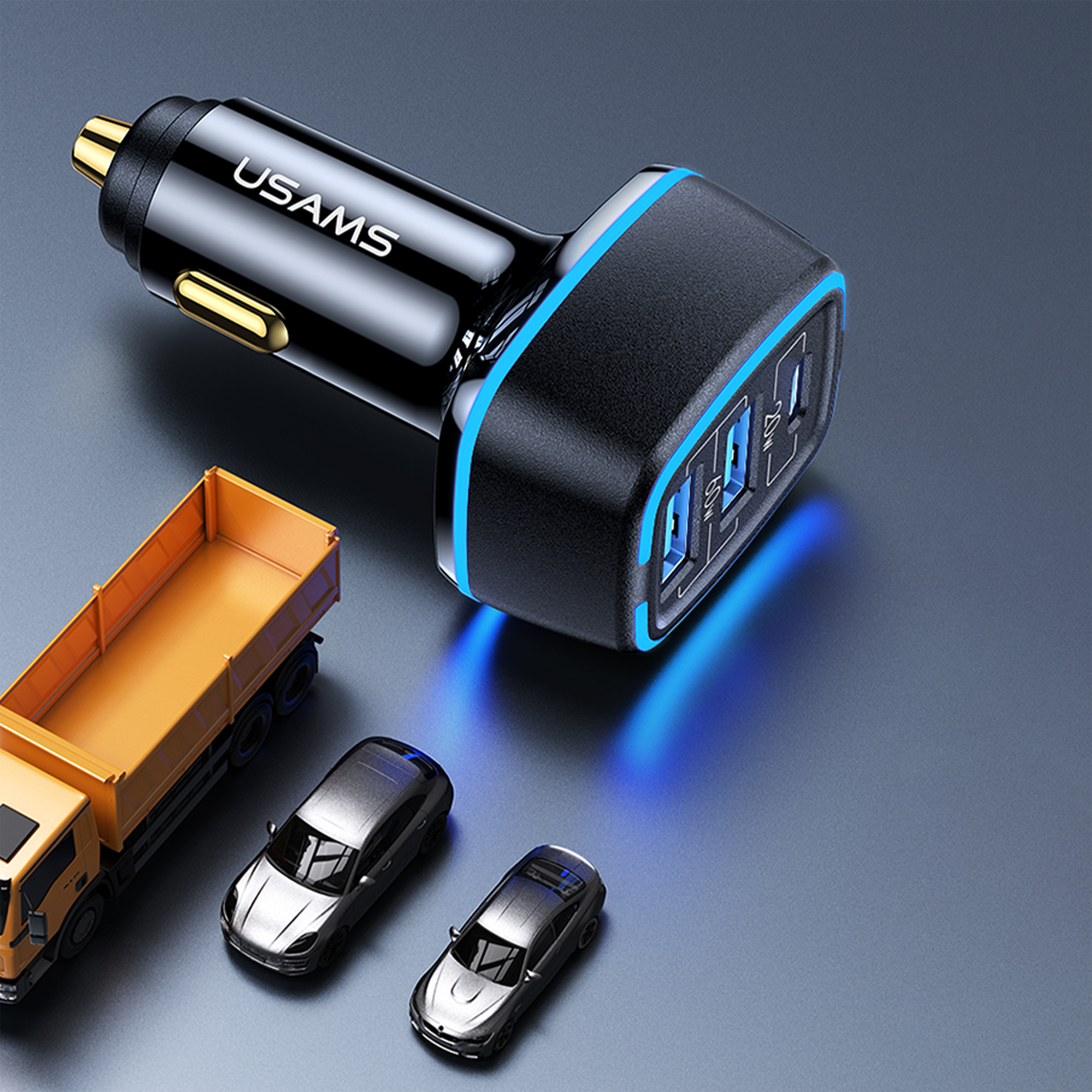 USAMS 3-Port-USB-Auto-Schnellladegerät 1 TypeC 2 USB-Anschlüsse 80 W/4,5 A, 20W PD 60W Dual QC3.0 Autoladegerät Zigarettenanzünder-Adapter 12 V  80W