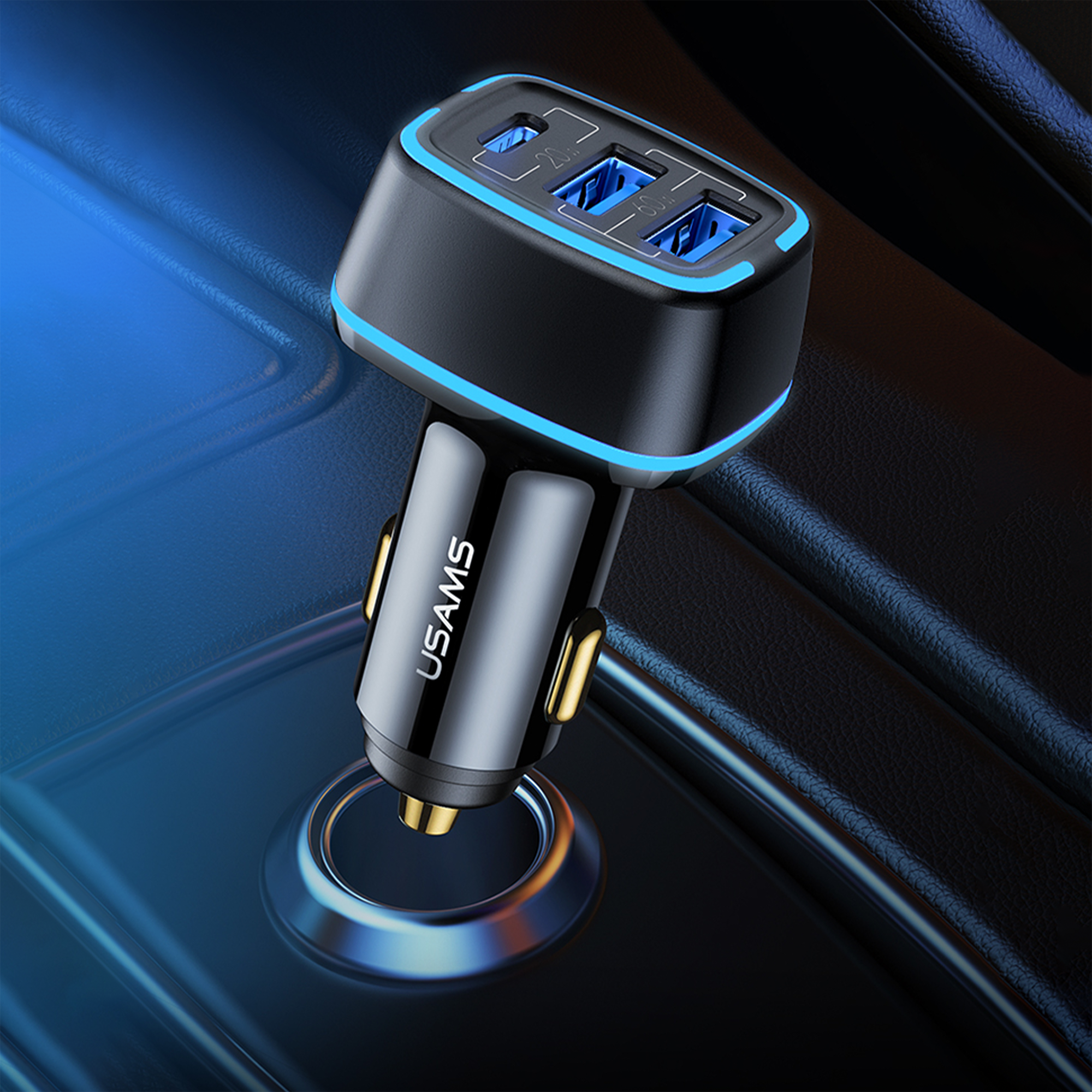 USAMS 3-Port-USB-Auto-Schnellladegerät 1 TypeC 2 USB-Anschlüsse 80 W/4,5 A, 20W PD 60W Dual QC3.0 Autoladegerät Zigarettenanzünder-Adapter 12 V  80W