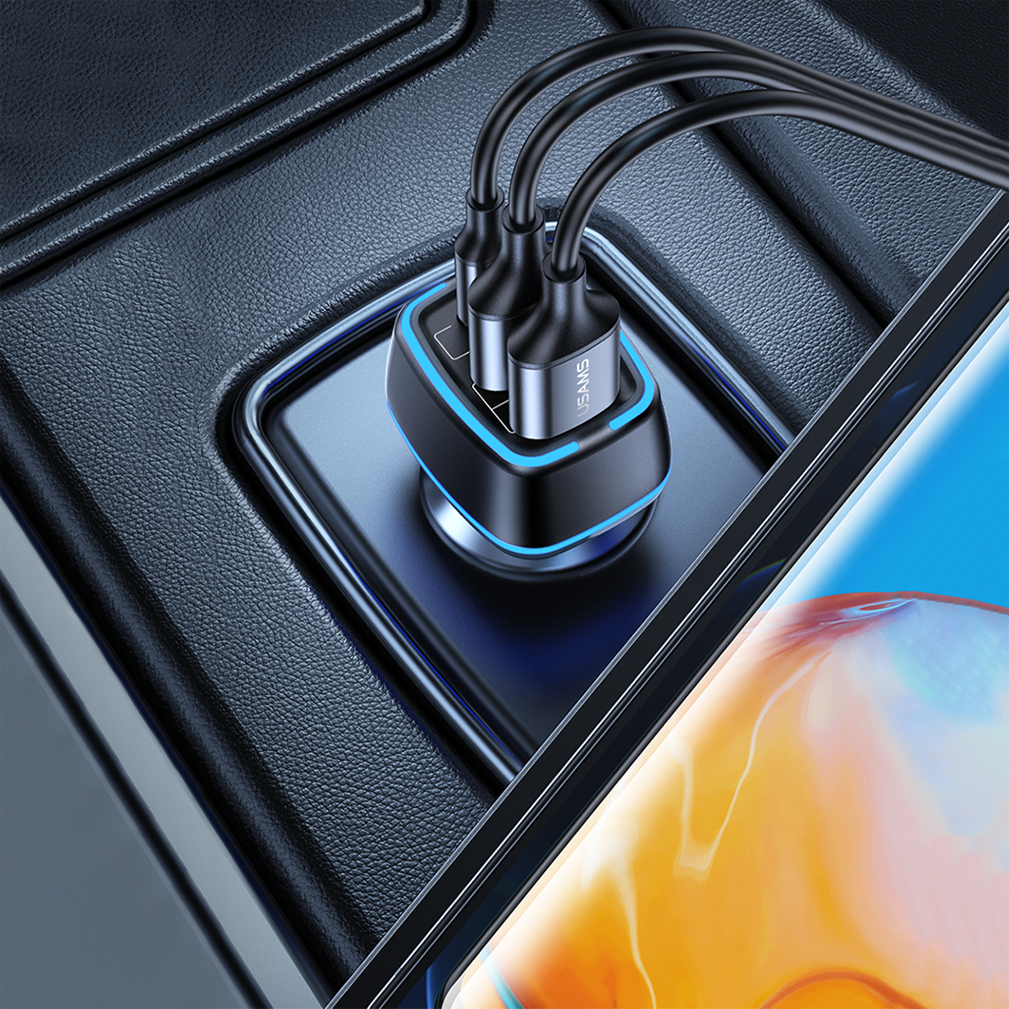 USAMS 3-Port-USB-Auto-Schnellladegerät 1 TypeC 2 USB-Anschlüsse 80 W/4,5 A, 20W PD 60W Dual QC3.0 Autoladegerät Zigarettenanzünder-Adapter 12 V  80W