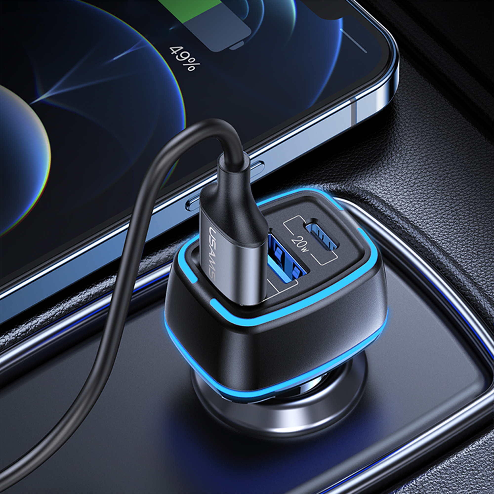 USAMS 3-Port-USB-Auto-Schnellladegerät 1 TypeC 2 USB-Anschlüsse 80 W/4,5 A, 20W PD 60W Dual QC3.0 Autoladegerät Zigarettenanzünder-Adapter 12 V  80W