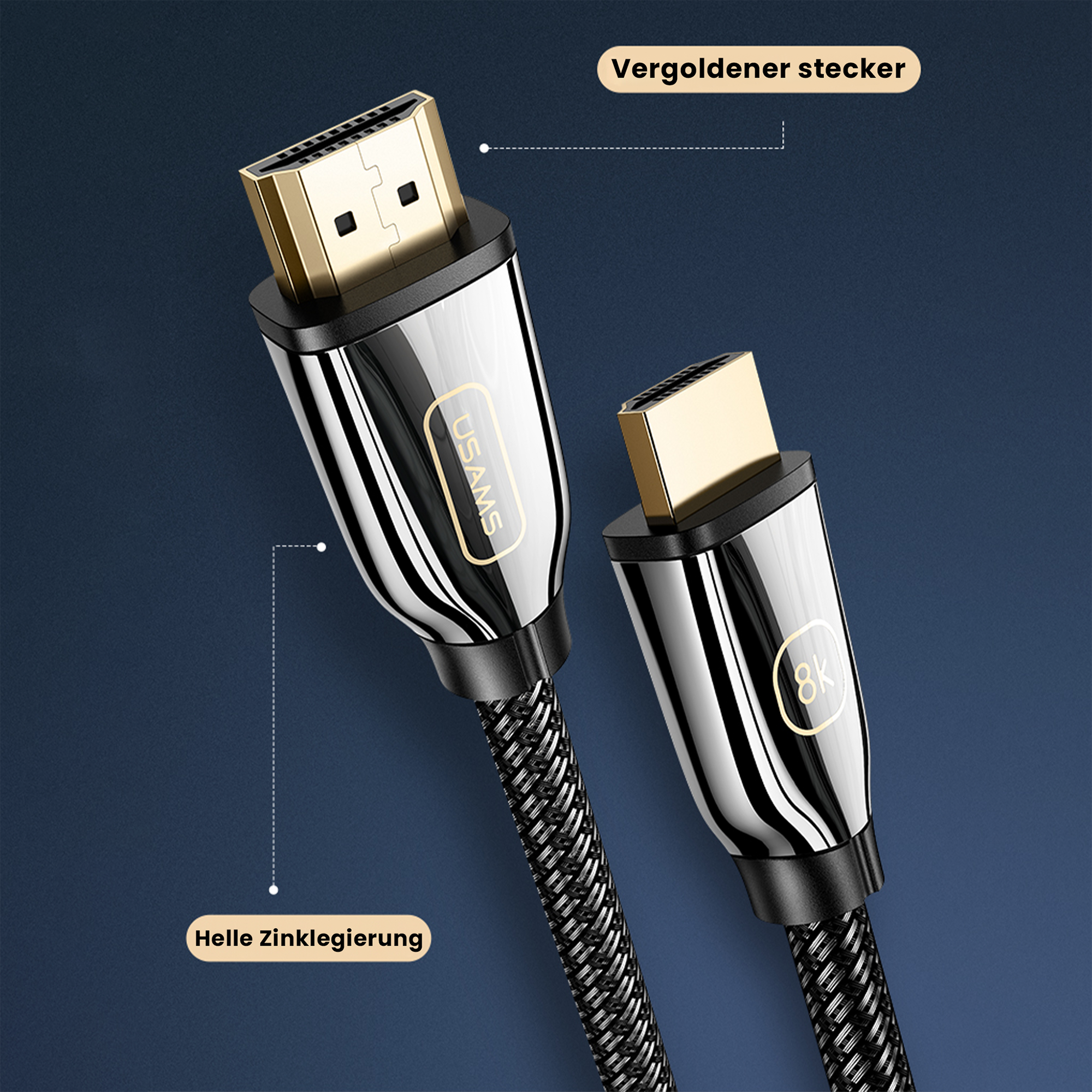 USAMS 8K UHD HDMI Kabel, unterstützt HDR, 3D, IMAX, Dolby Atmos 8K 60Hz 4K@120Hz mit DSC – 48 Gbit/s – HDMI2.1 vergoldet, geflochten 2m – US-SJ497