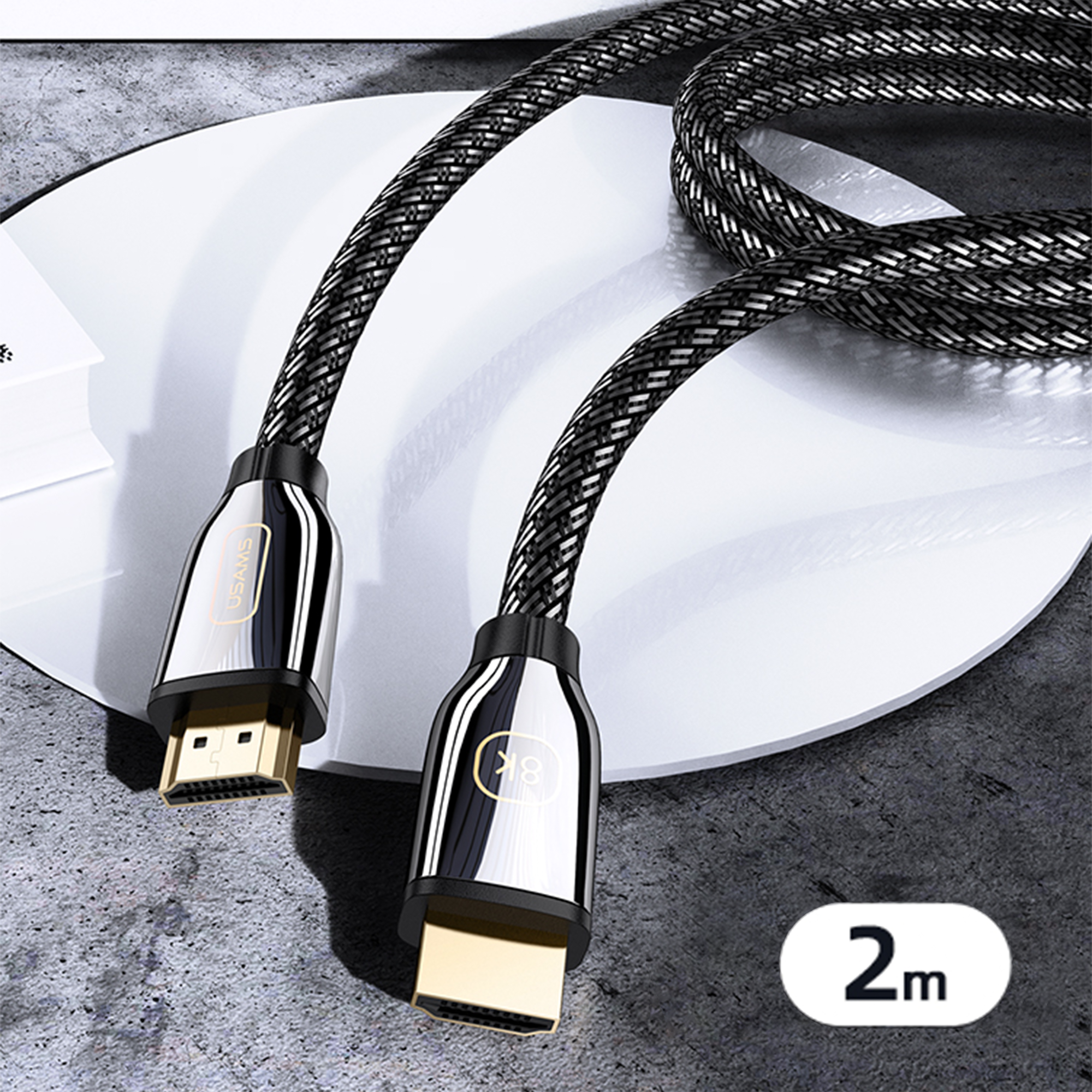 USAMS 8K UHD HDMI Kabel, unterstützt HDR, 3D, IMAX, Dolby Atmos 8K 60Hz 4K@120Hz mit DSC – 48 Gbit/s – HDMI2.1 vergoldet, geflochten 2m – US-SJ497