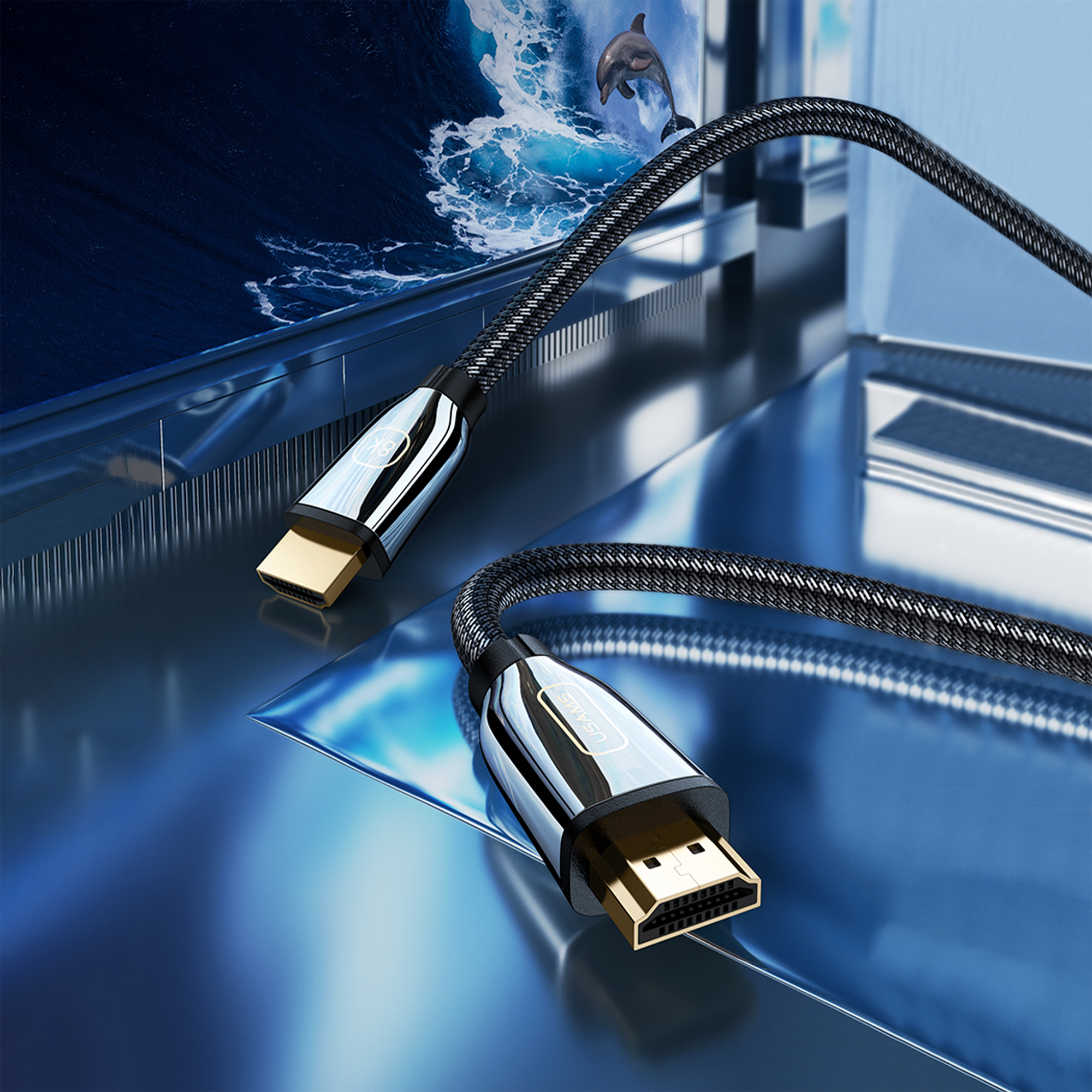 USAMS 8K UHD HDMI Kabel, unterstützt HDR, 3D, IMAX, Dolby Atmos 8K 60Hz 4K@120Hz mit DSC – 48 Gbit/s – HDMI2.1 vergoldet, geflochten 2m – US-SJ497