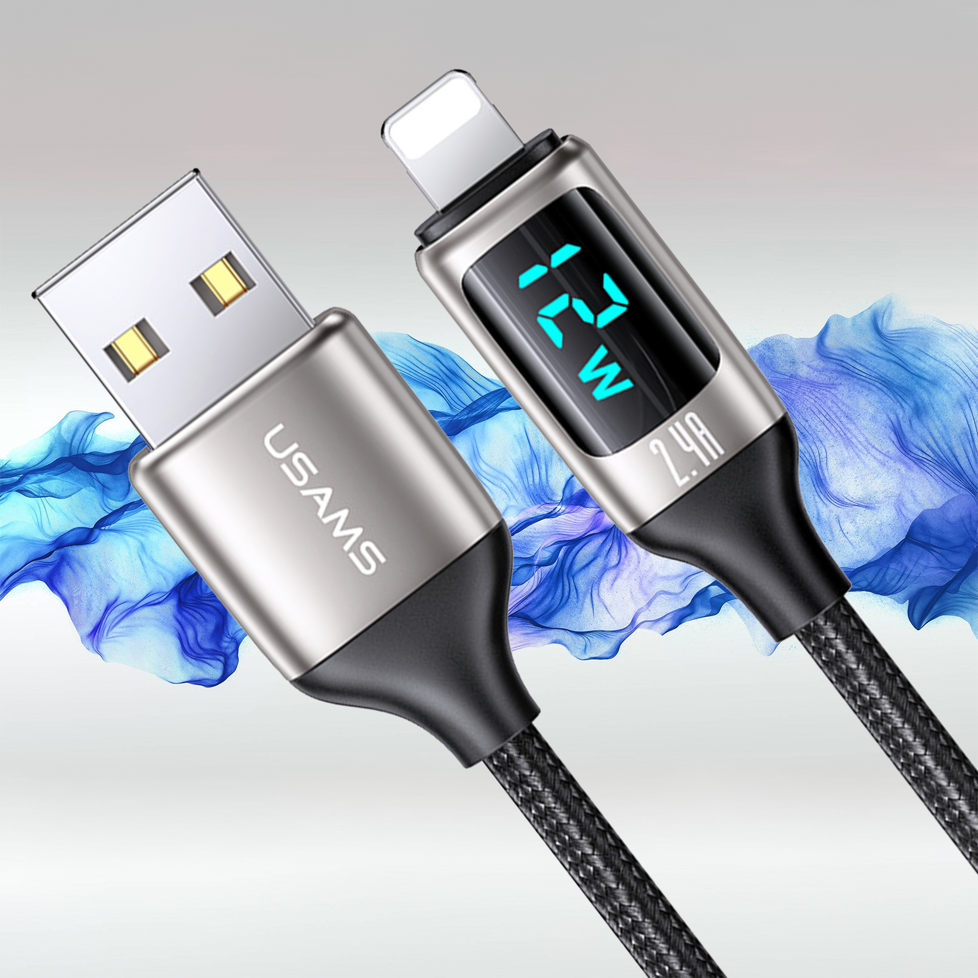 Usams USB zu Lightning Digitalanzeige Ladeleistung, E-Marker Smart Chip, Mesh, 1.2m PD 12W, 2.4A, USB, Lightning, Schnelllade- und Datenkabel, US-SJ543
