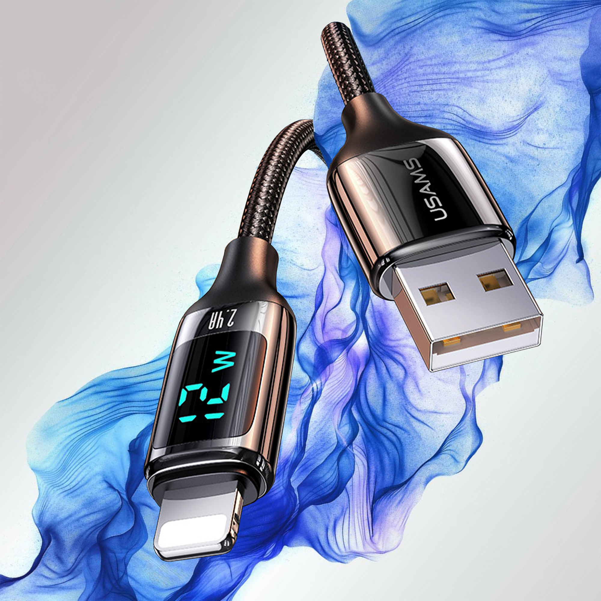 Usams USB zu Lightning Digitalanzeige Ladeleistung, E-Marker Smart Chip, Mesh, 1.2m PD 12W, 2.4A, USB, Lightning, Schnelllade- und Datenkabel, US-SJ543