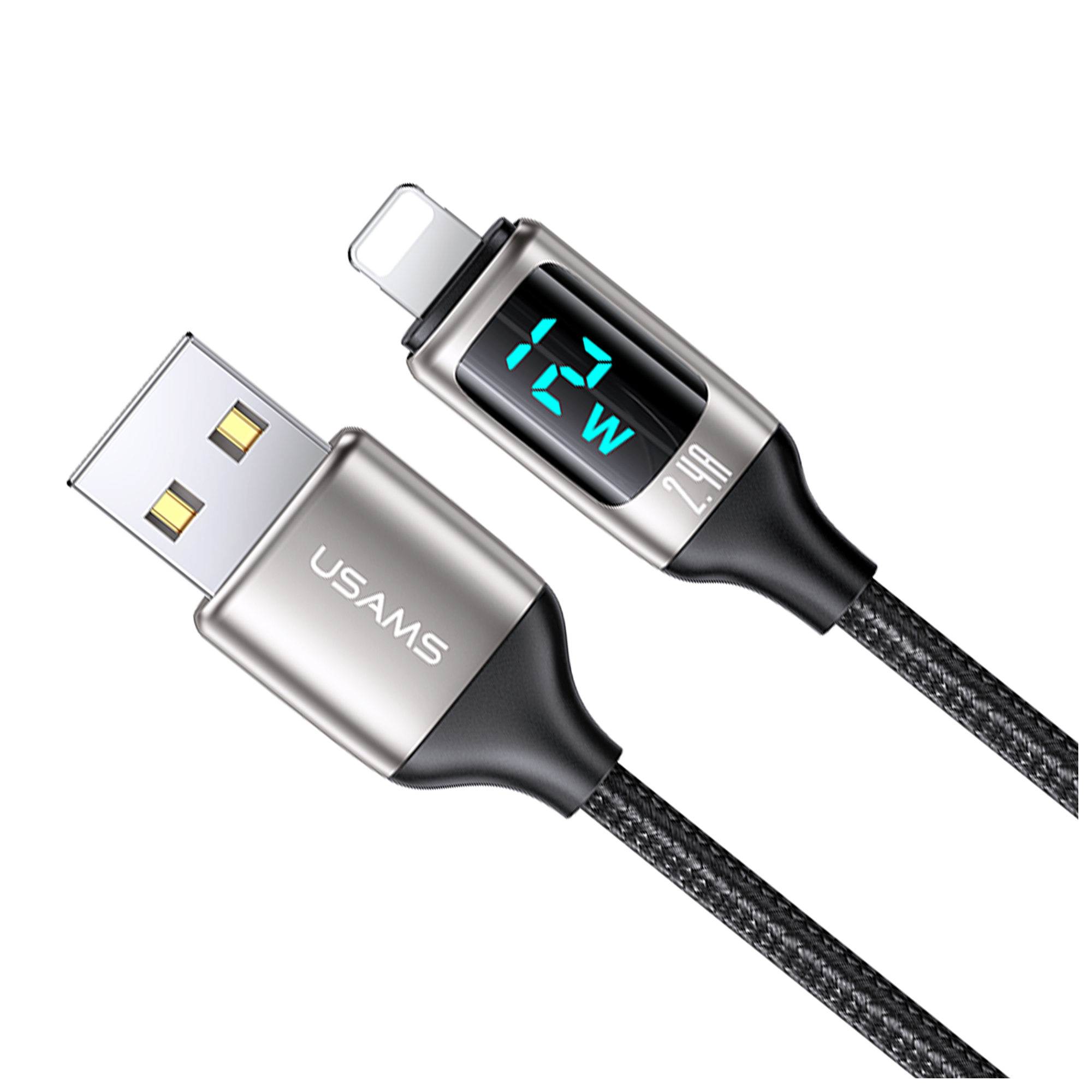 Usams USB zu Lightning Digitalanzeige Ladeleistung, E-Marker Smart Chip, Mesh, 1.2m PD 12W, 2.4A, USB, Lightning, Schnelllade- und Datenkabel, US-SJ543