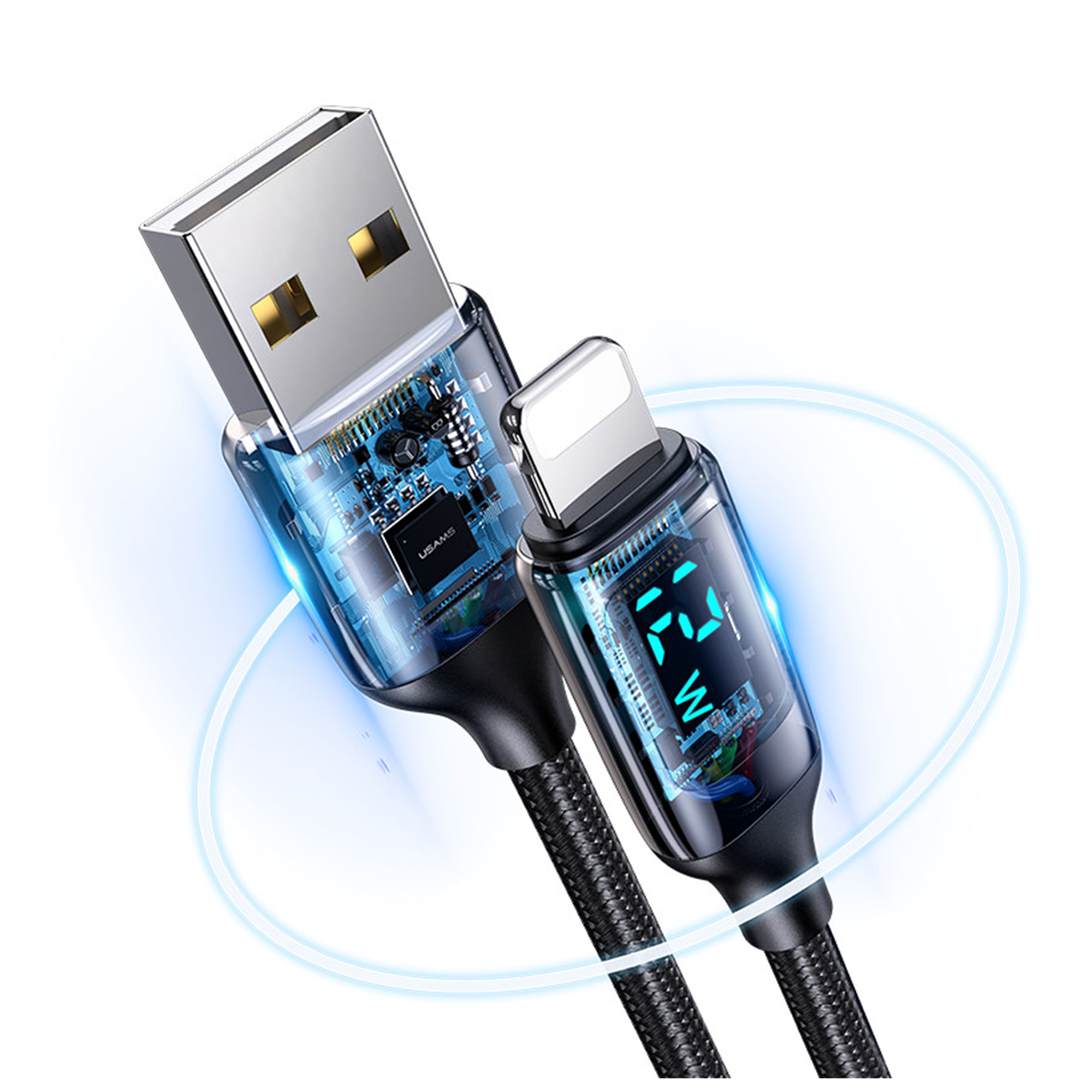 Usams USB zu Lightning Digitalanzeige Ladeleistung, E-Marker Smart Chip, Mesh, 1.2m PD 12W, 2.4A, USB, Lightning, Schnelllade- und Datenkabel, US-SJ543