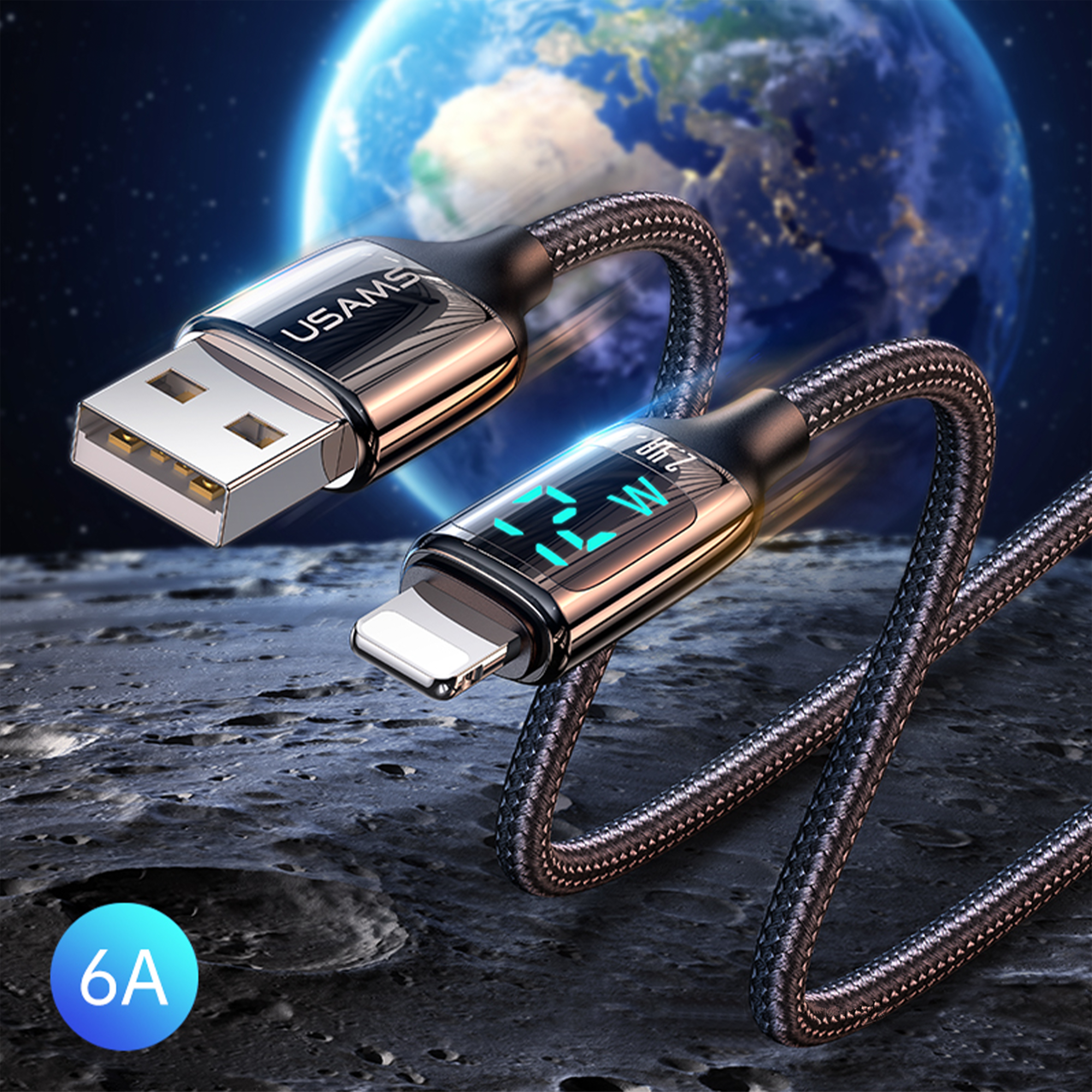 Usams USB zu Lightning Digitalanzeige Ladeleistung, E-Marker Smart Chip, Mesh, 1.2m PD 12W, 2.4A, USB, Lightning, Schnelllade- und Datenkabel, US-SJ543