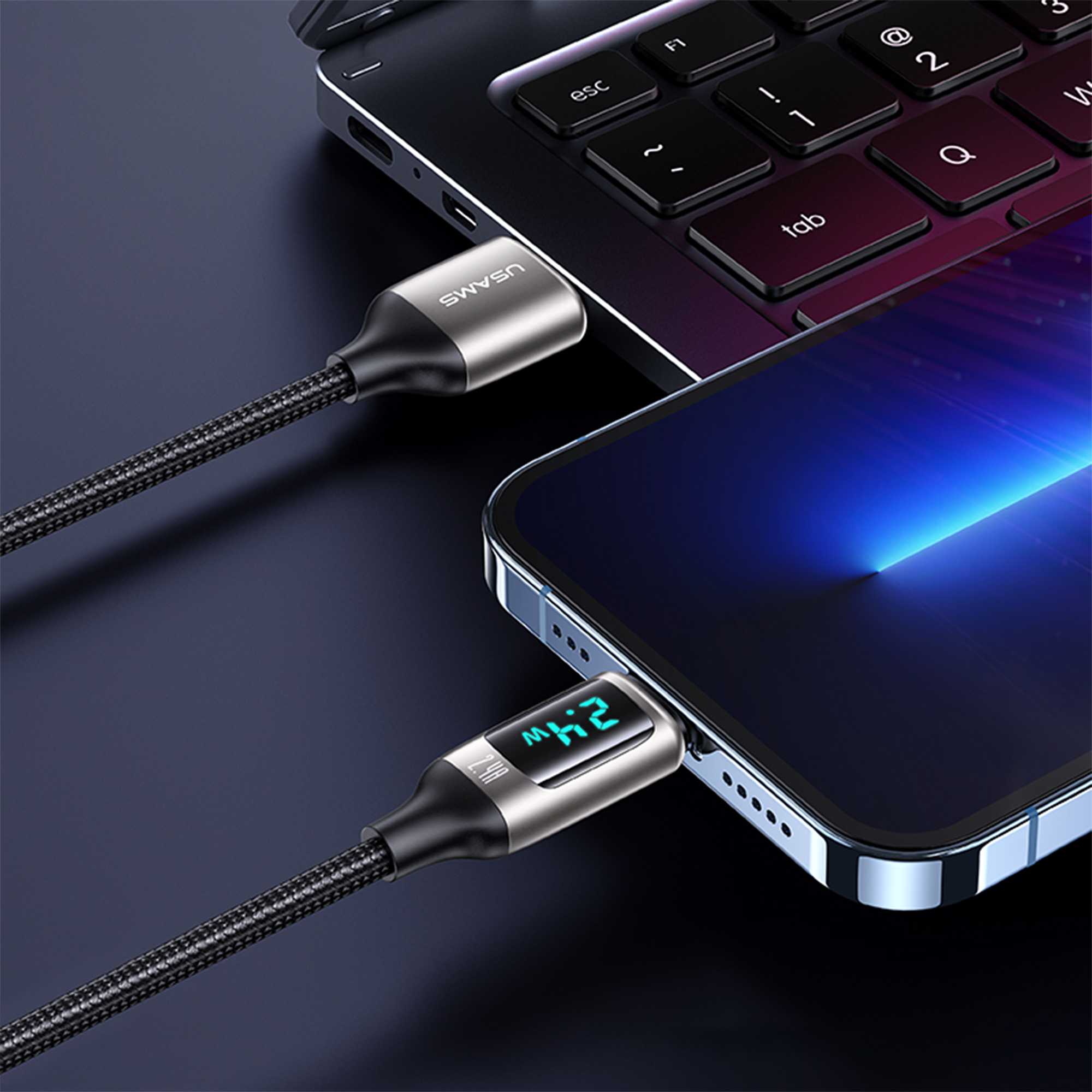 Usams USB zu Lightning Digitalanzeige Ladeleistung, E-Marker Smart Chip, Mesh, 1.2m PD 12W, 2.4A, USB, Lightning, Schnelllade- und Datenkabel, US-SJ543