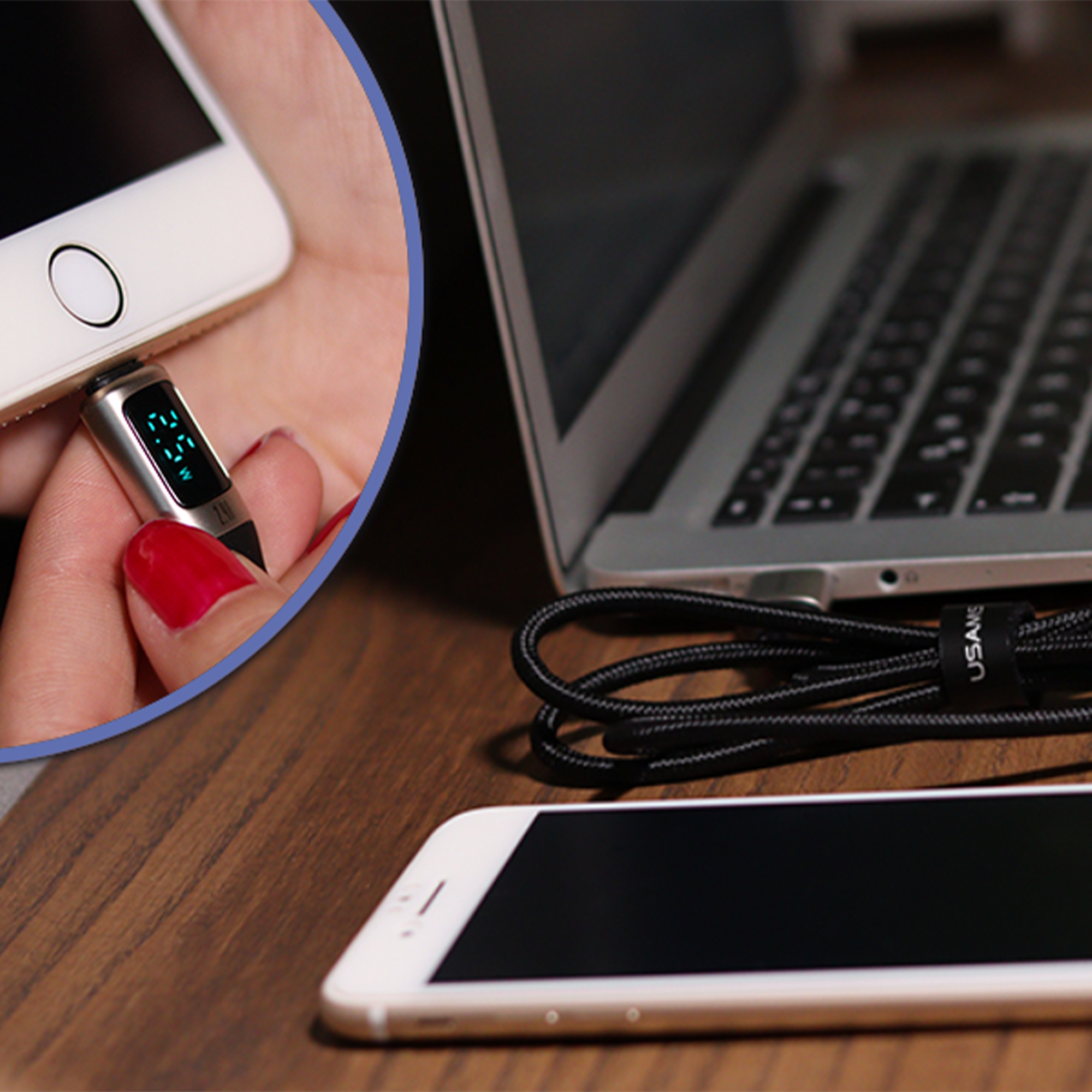 Usams USB zu Lightning Digitalanzeige Ladeleistung, E-Marker Smart Chip, Mesh, 1.2m PD 12W, 2.4A, USB, Lightning, Schnelllade- und Datenkabel, US-SJ543