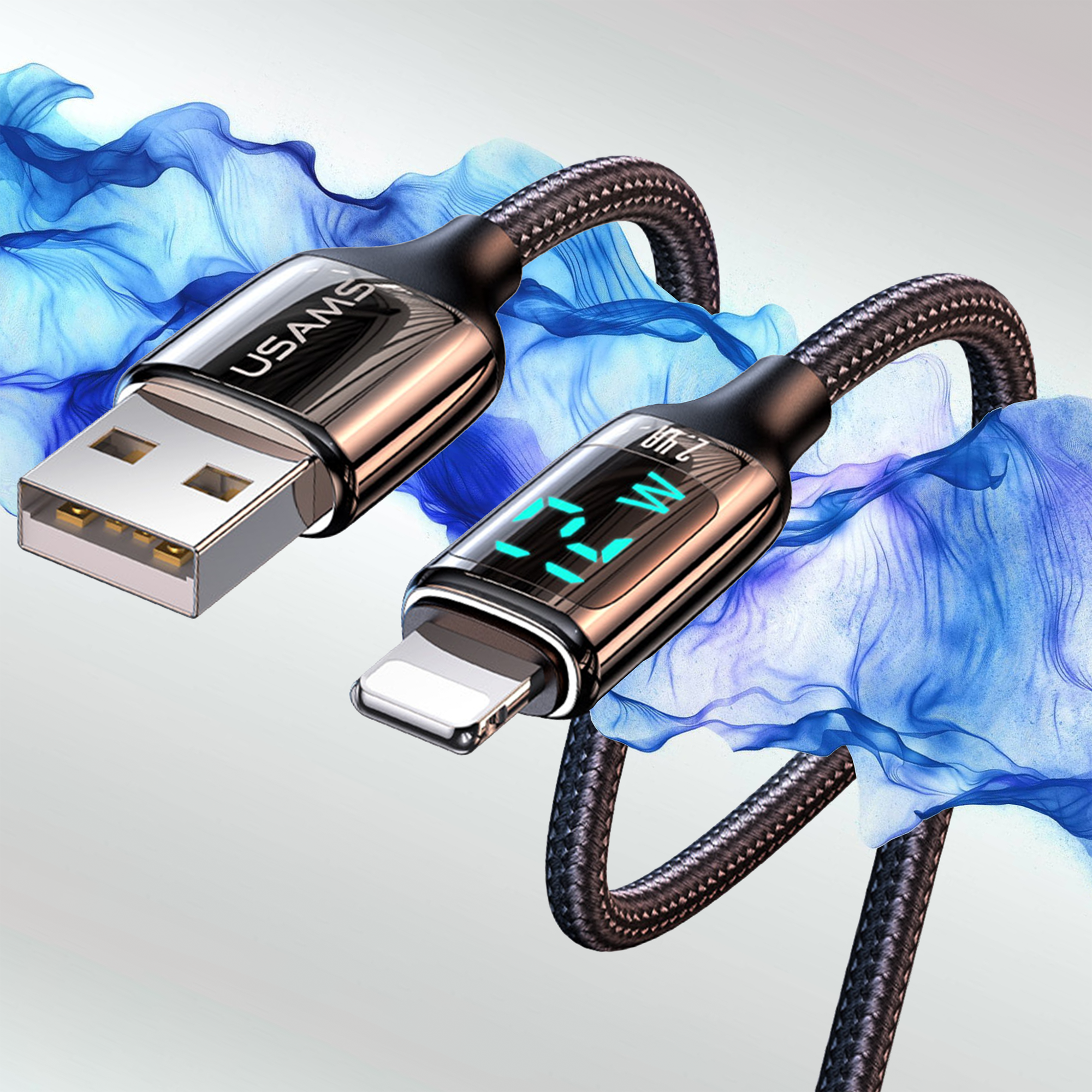 Usams USB zu Lightning Digitalanzeige Ladeleistung, E-Marker Smart Chip, Mesh, 1.2m PD 12W, 2.4A, USB, Lightning, Schnelllade- und Datenkabel, US-SJ543