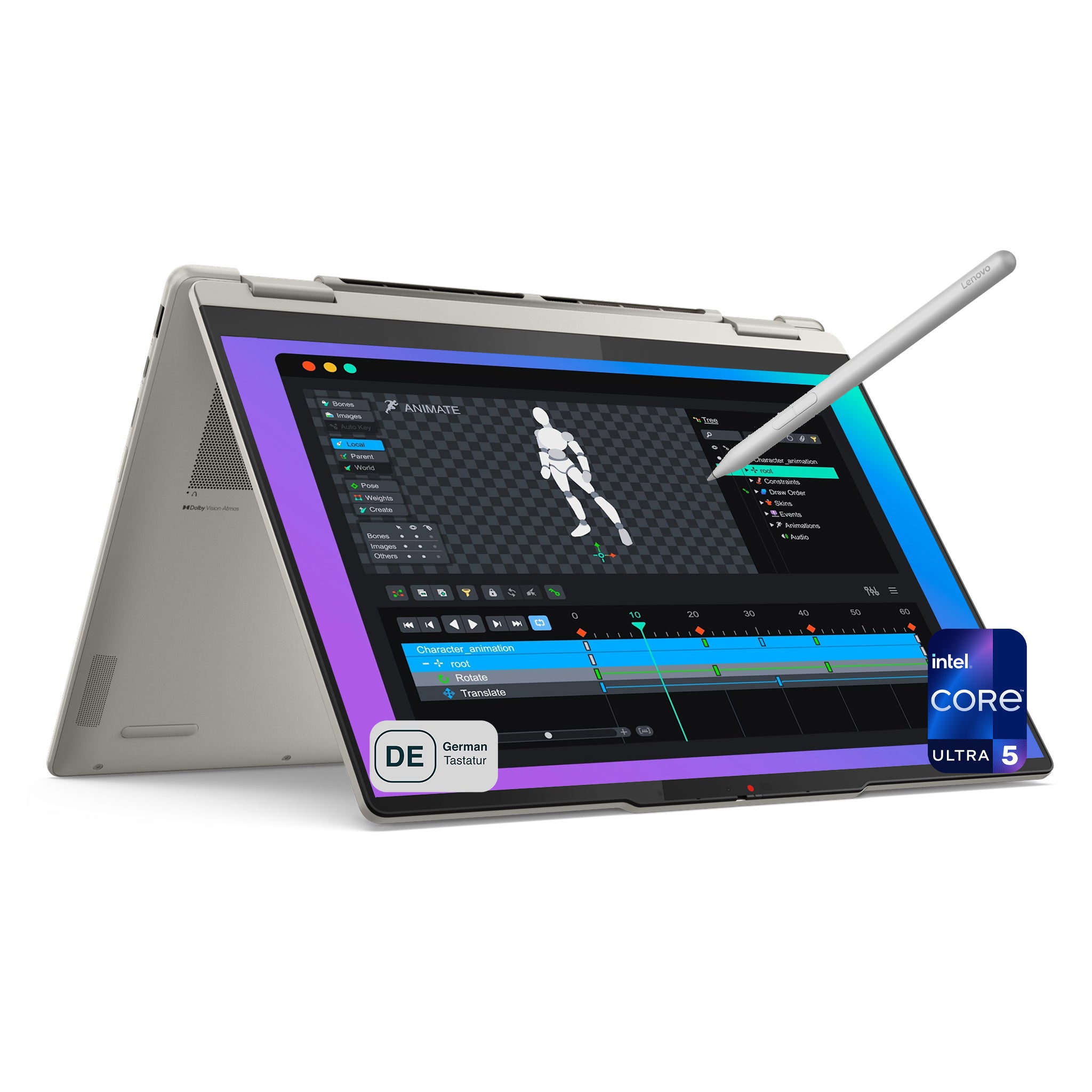 Lenovo Yoga 7 2-in-1 Laptop, Core Ultra 5 226V, 14" WUXGA OLED Multitouch Display, Lenovo Yoga Stift (Seashell) Deutsches Tastatur-Layout, W11 Home, Seashell