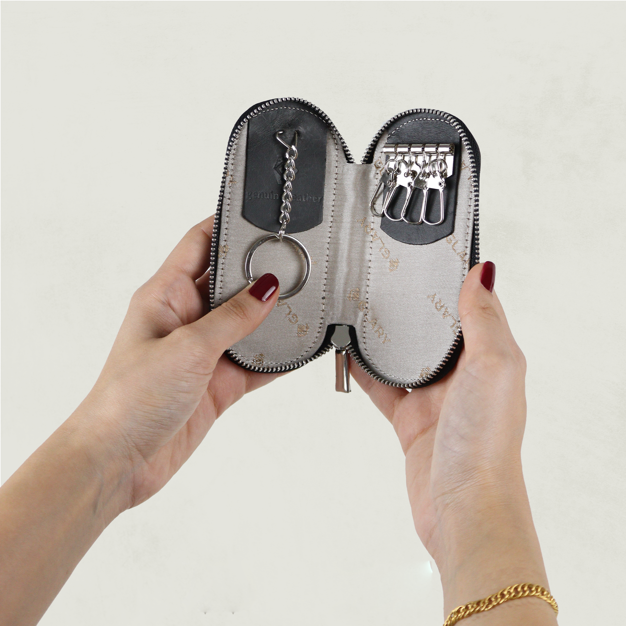 Glary Schlüsseltasche hochwertige echtes  Greyzi-Leder, Schlüsselanhänger, 5 Schlüsselanhänger-Clips,  Strapazierfähiger Typ-8-Reißverschluss GL500
