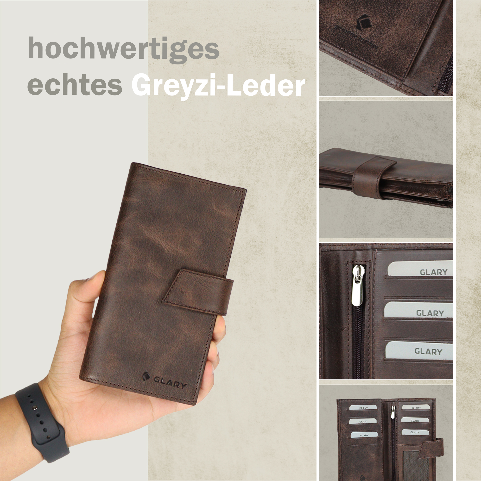 Glary große Portemonaie für Damen Frauen und Herren Mann Unisex. Hochwertiges echtes Floterleder mit 12 Kartenfächer, 1 Handyfach und 1 Extrafach mit Reißverschluss GL 102