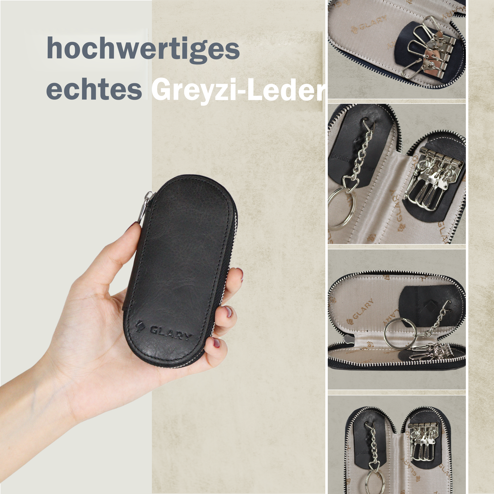 Glary Schlüsseltasche hochwertige echtes  Greyzi-Leder, Schlüsselanhänger, 5 Schlüsselanhänger-Clips,  Strapazierfähiger Typ-8-Reißverschluss GL500