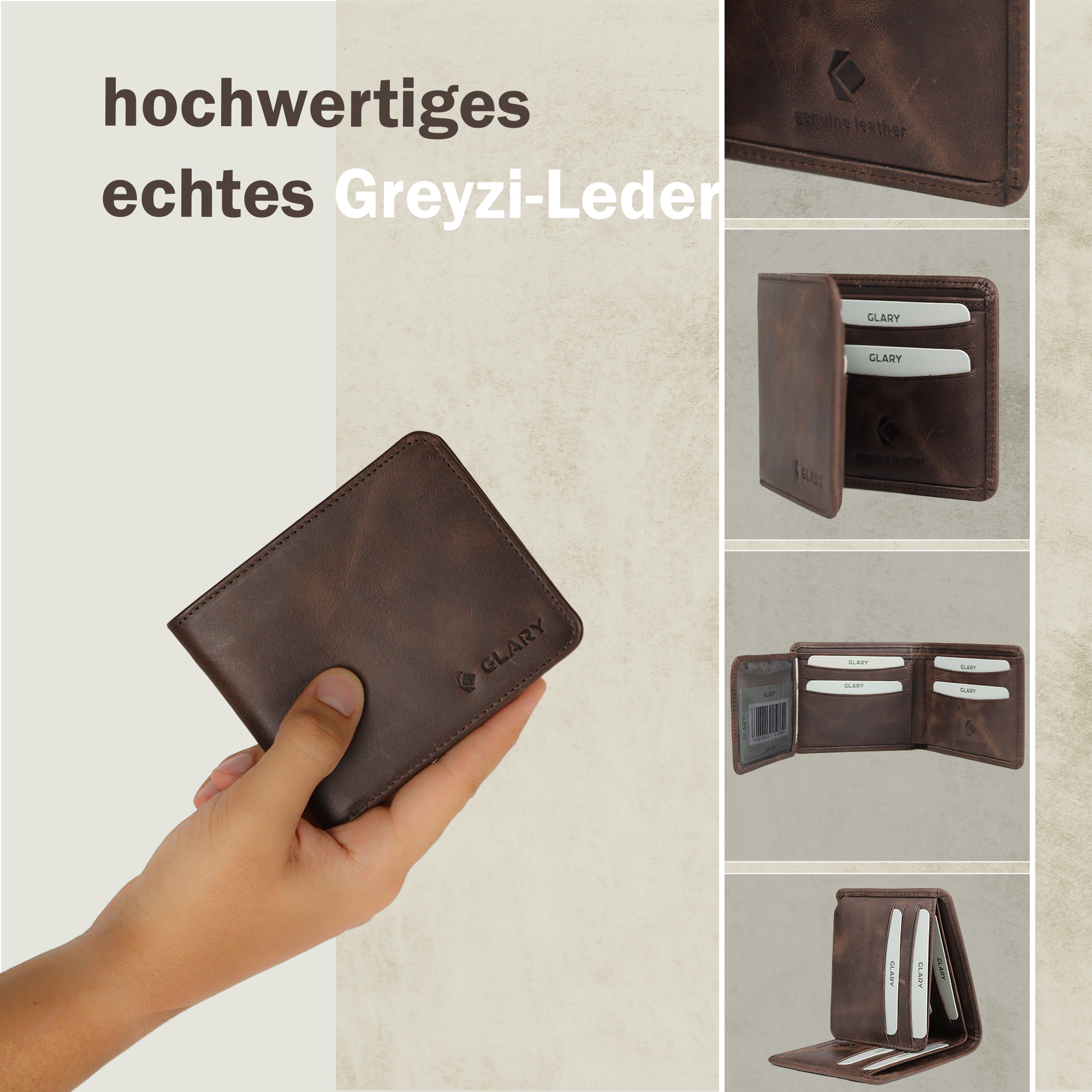 Glary Geldbörse für Herren Mann Unisex. Hochwertiges echtes Greyzileder mit 9 Kartenfächer und 2 Geldscheinfächer GL 301