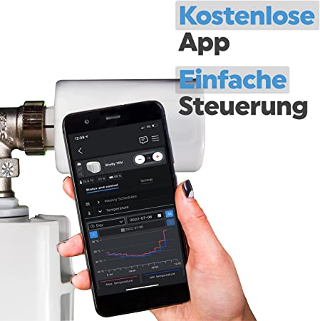 Shelly TRV Smart Home Heizkörperthermostat, Digitale Steuerung der Heizung per App & WLAN, Einfache Installation, Heizungsthermostat kompatibel mit Alexa & Google Home, Energiesparend mit Akku