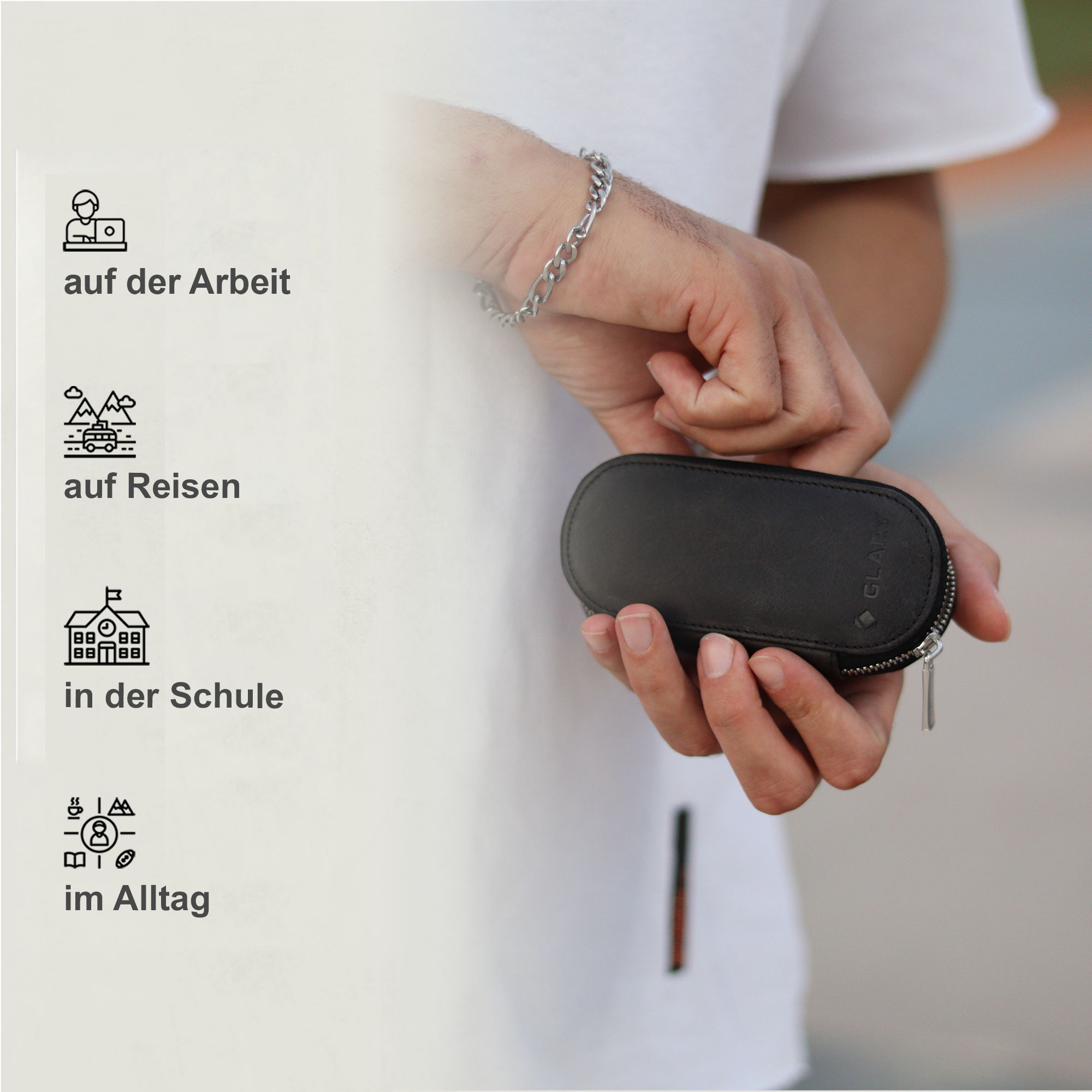 Glary Schlüsseltasche hochwertige echtes  Greyzi-Leder, Schlüsselanhänger, 5 Schlüsselanhänger-Clips,  Strapazierfähiger Typ-8-Reißverschluss GL500