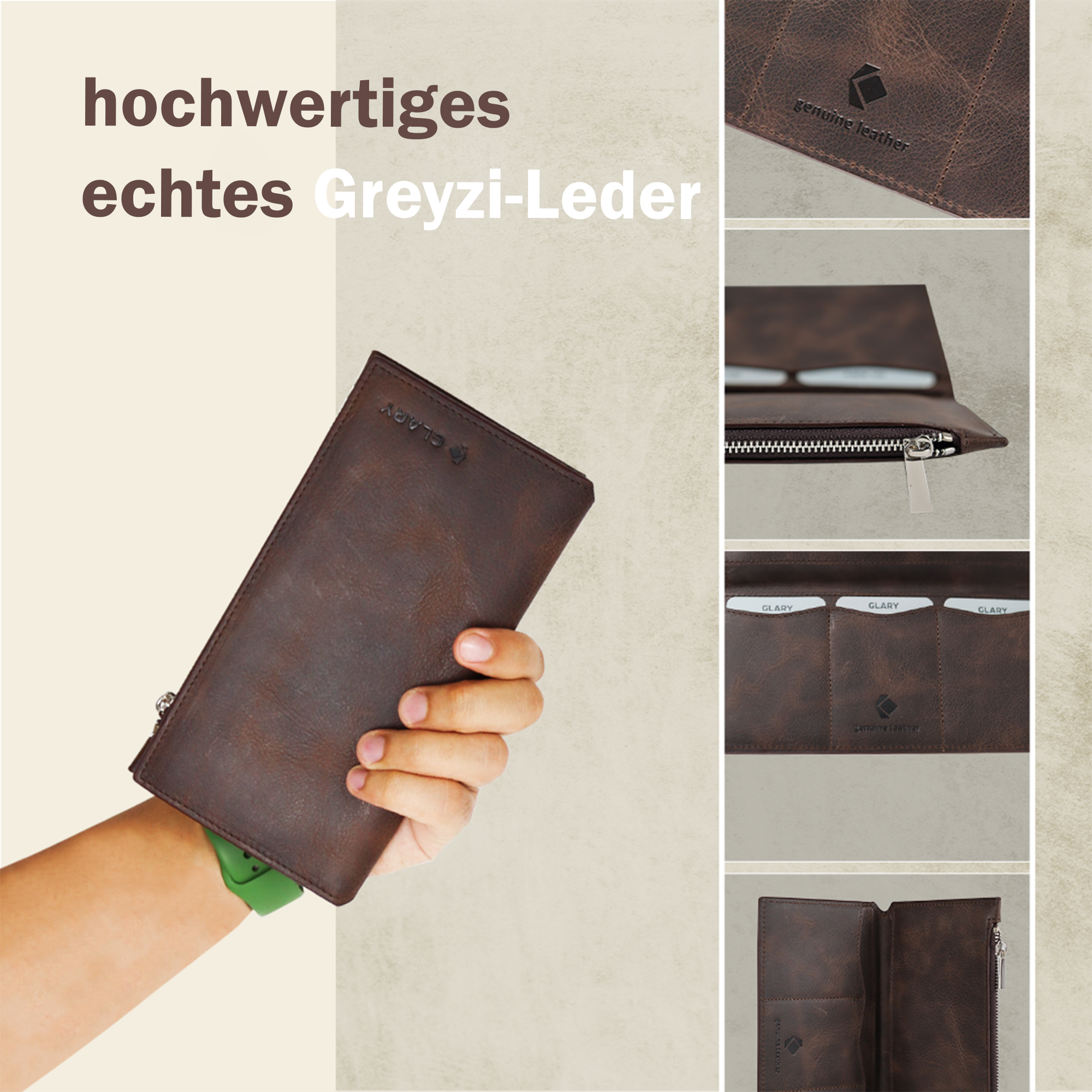Glary große Portemonaie für Damen Frauen und Herren Mann Unisex. Hochwertiges echtes Greyzileder mit 3 Kartenfächer, 2 Geldfächer und Handyfach GL101